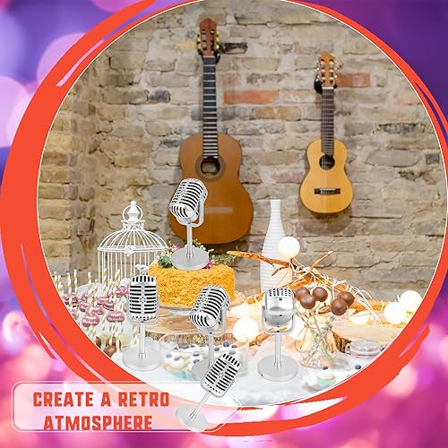 Miniatura 7 de Paquete de 6 micrófonos de estilo retro, modelo de micrófono falso dorado con soporte clásico vintage de plástico para Halloween, juego de rol, hip