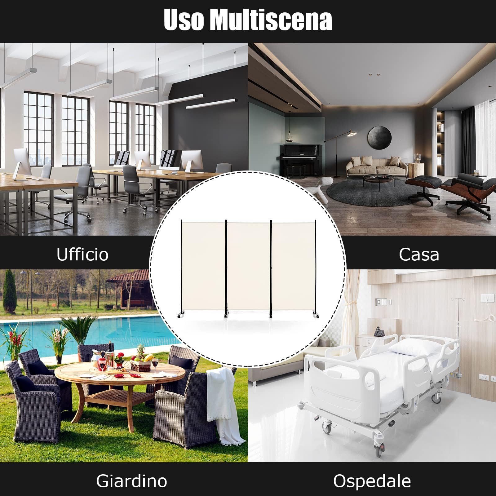 GYMAX Paravento con Ruote, da Interno Esterno, in Metallo, Piedini Stabili, Separé Divisorio, per Soggiorno, Camera da Letto, Ufficio (3 Pannelli, Beige)