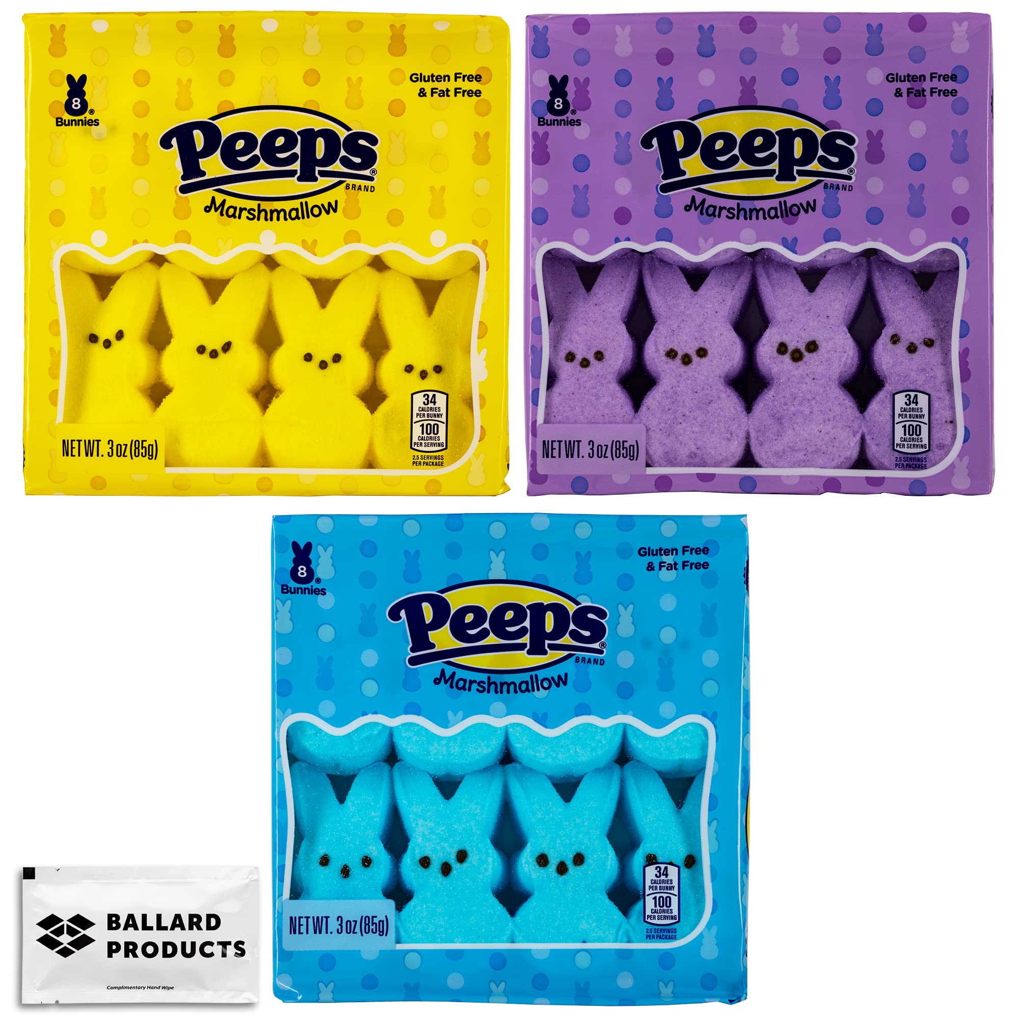 Peeps Marshmallow Candy Bunnies Variety Pack of 3-3 Packs of 8 Marshmallows Each - Purple, Yellow, and Blue Marshmallow Peeps - Bundle with Ballard