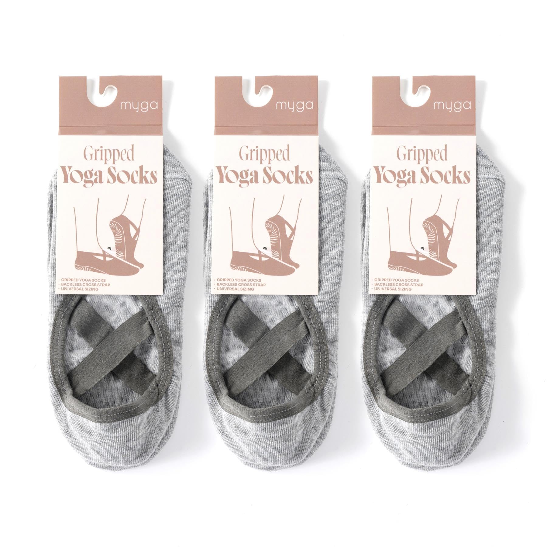 Myga Yoga Socks - 3 Pairs Non-Slip Pilates Socks for Women & Men with Grips and Straps - Anti-Skid Workout Socks for Yoga, Pilates, Dance & Exercise - Grey, 3 Pack