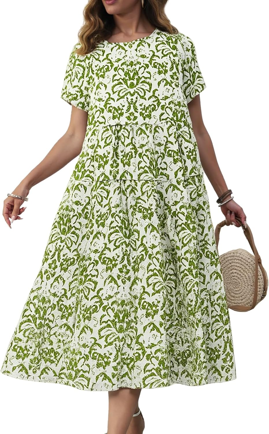 Women Casual Floral Midi Dress Summer Flowy Boho Aline Loose Tiered Ruffle Dresses Beach Sundress with Pockets