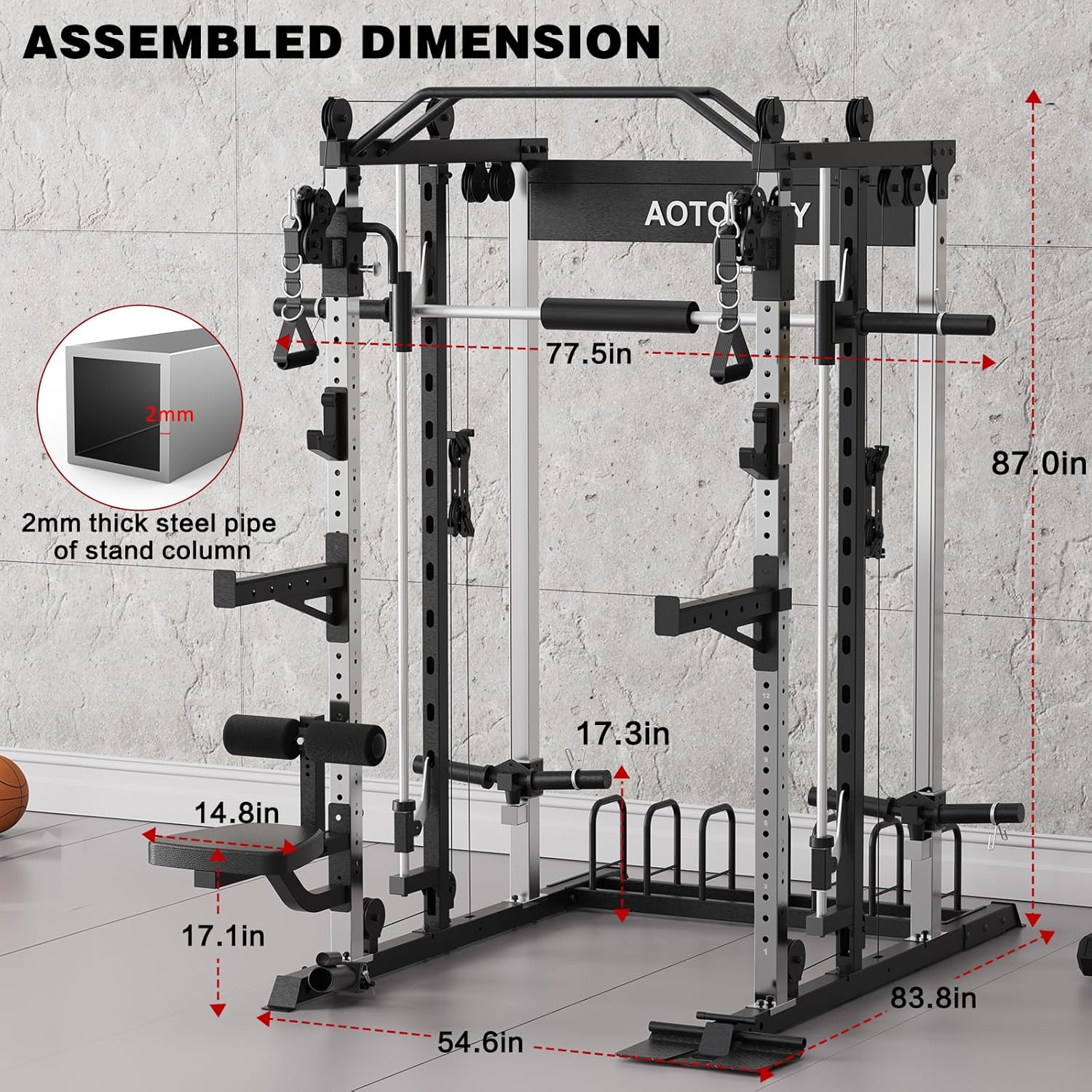 Smith Machine Home Gym Strength Training Squat Rack Height Adjustable Power Cage with LAT Pull-Down Systems