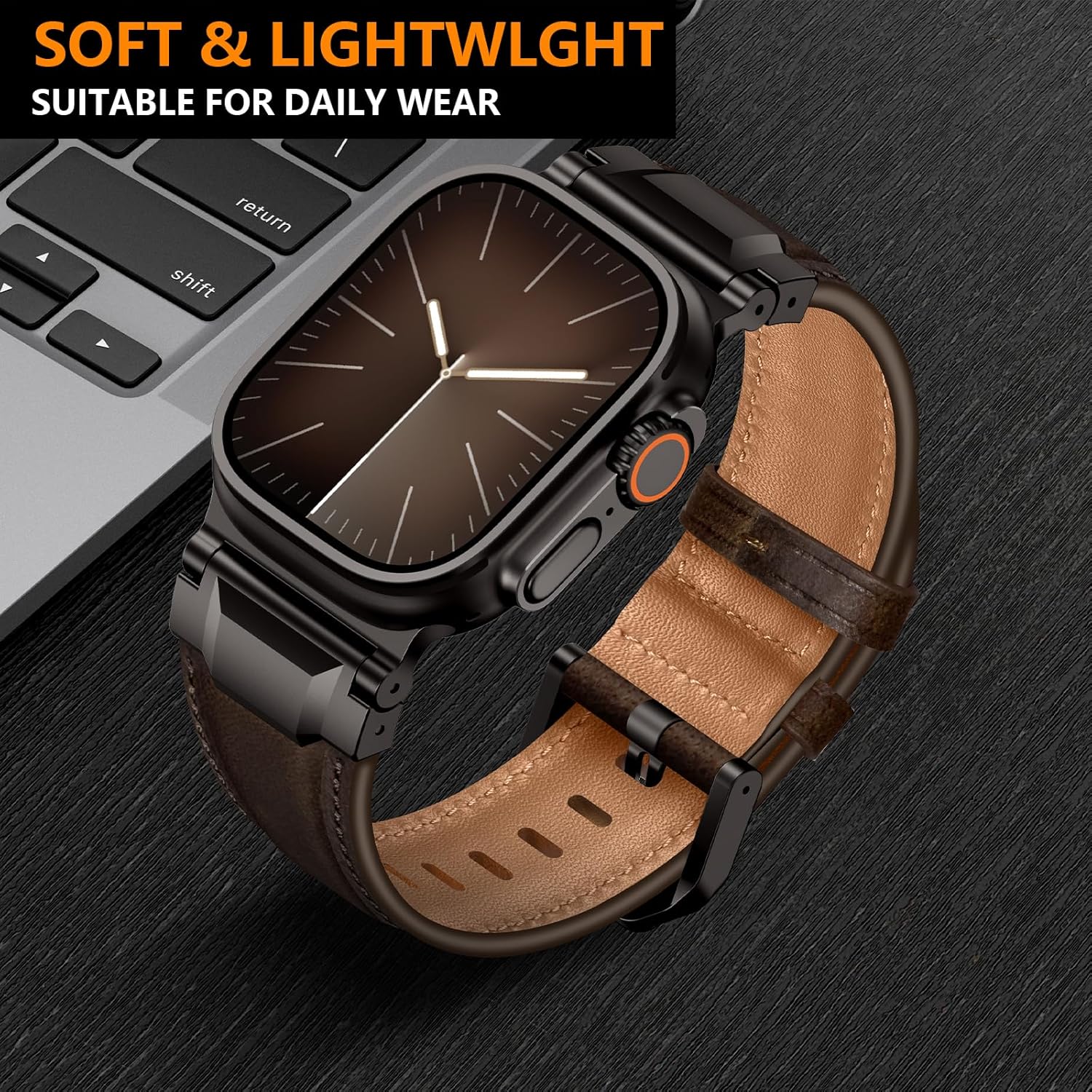 Leather Bands Compatible with Apple Watch Ultra 3/2/1 Band 49mm 46mm 45mm 44mm 42mm, Leather Metal Connector Strap for iWatch Ultra Series 11/10/9/8/7/SE/6/5/4/3/2/1, Dark Coffee Brown/Black