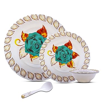 Pack of 18 Melamin Dinner Plate with Bowl Melamine Floral Printed (6 FP + 6 HP + 6 Bowl) Dinner Set (Green, White)