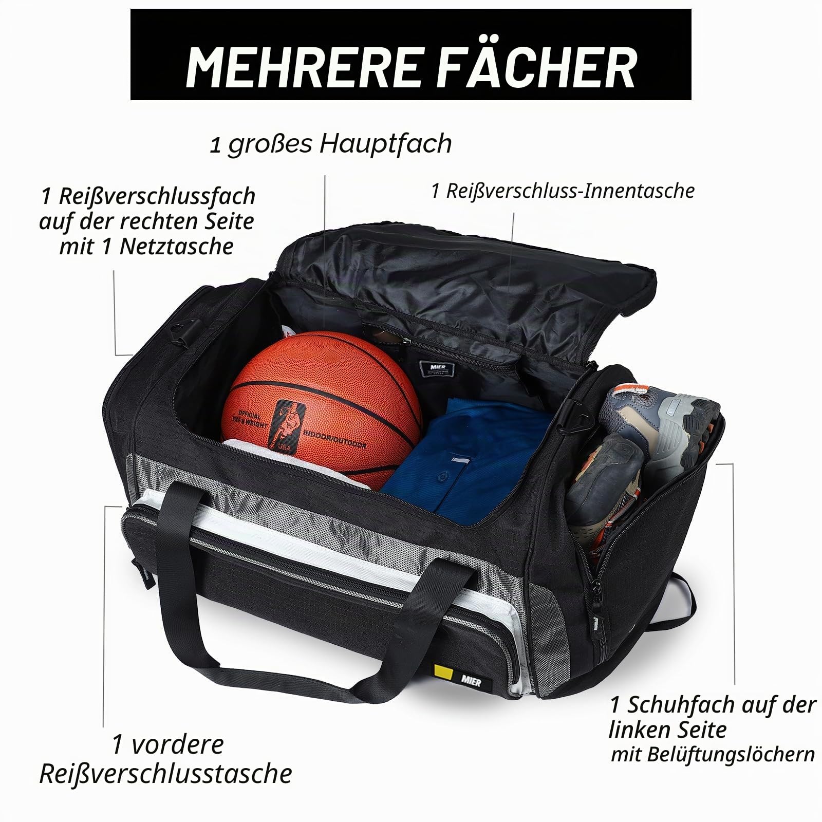 MIER Sporttasche 60L mit Schuhfach, Reisetasche für Gym und Reise, Schwarz