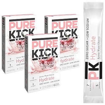 Pure Kick Hydration Drink Mix Singles to Go Pack of 3 Arctic Wave Cherry Flavor Packets for Water, Zero Calorie Drink Mix, Hydration Packets Zero Sugar - Pure Kick Hydrate for Water Intake