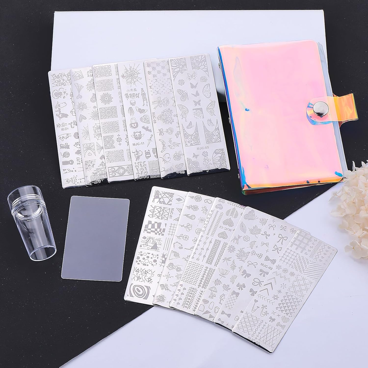 Nail Stamping Plate Set - 15pcs Nail Stamping Kit with Flower Lace Butterfly Holiday Nail Stamper Scraper Storage Bag Reusable Stainless Steel Nail Stencil DIY Salon Manicure Tool Supplies