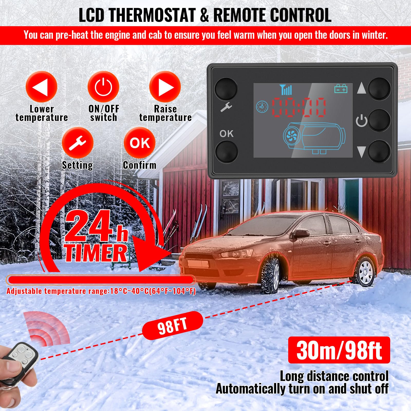 Chauffage Diesel 8 kW, Réchauffeur d'Air Diesel 12V/24V & 110-240V, Vertical Tout-en-Un Portable, avec Télécommande et Écran LCD, Faible Bruit, 0,16-0,62 L/h, 20-25 m², pour Camping-Car, Camion, Bus