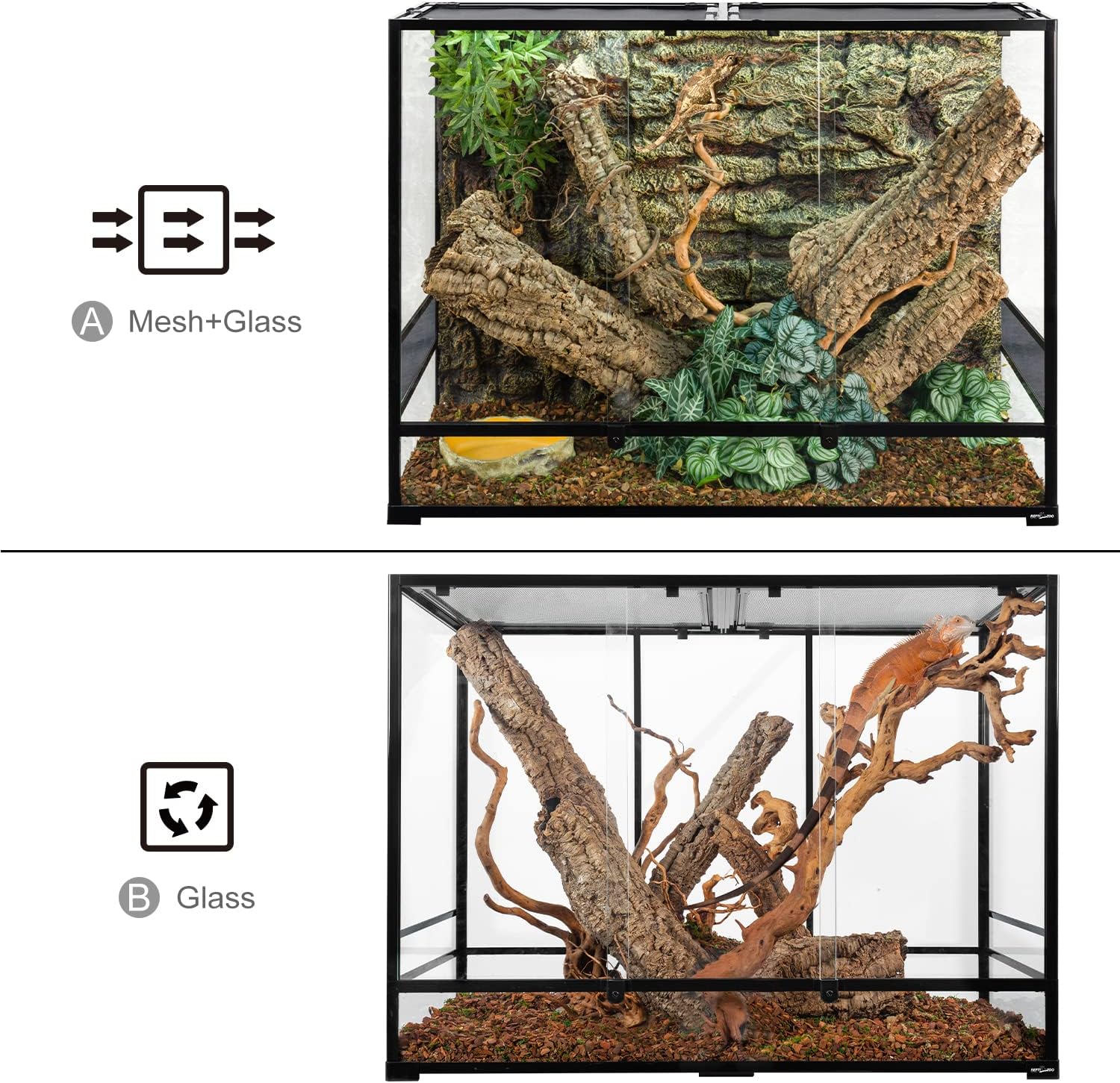 REPTI ZOO 135 Gallon Reptile Glass Terrarium, 48" x 18" x 36" Vertical Tempered Glass Rainforest Reptile Terrarium, 2 in 1 Use Knock-Down Paludarium Tank