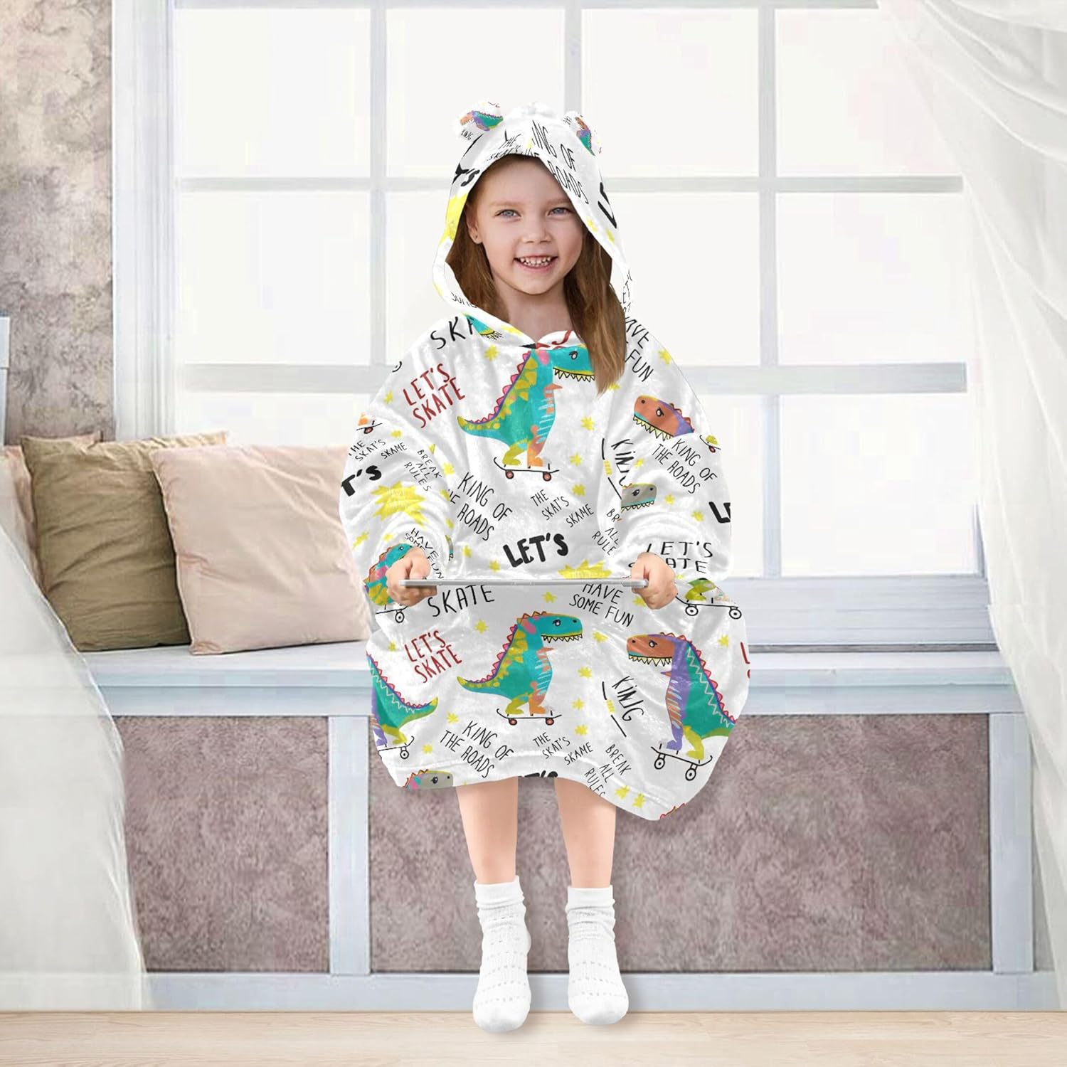 Cute Dinosaur Kids Wearable Blanket Hoodie with Pocket and Sleeves for Toddlers, Cute Hoodies Girls Boys B0404084