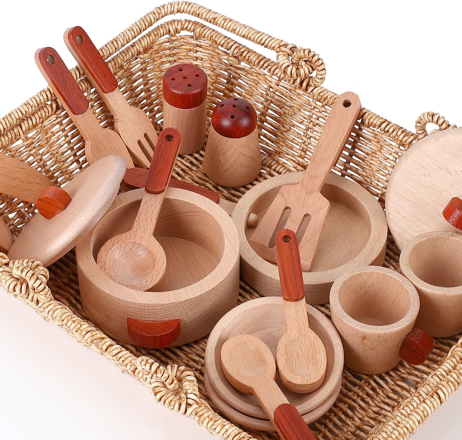 ThinkMaxWooden Play Kitchen Accessories, Kitchen Pretend Play Toys, Kids Kitchen Set with Pan, Pots, Plates, Storage Bag, Birthday and Chritmas Gift for Boys and Girls