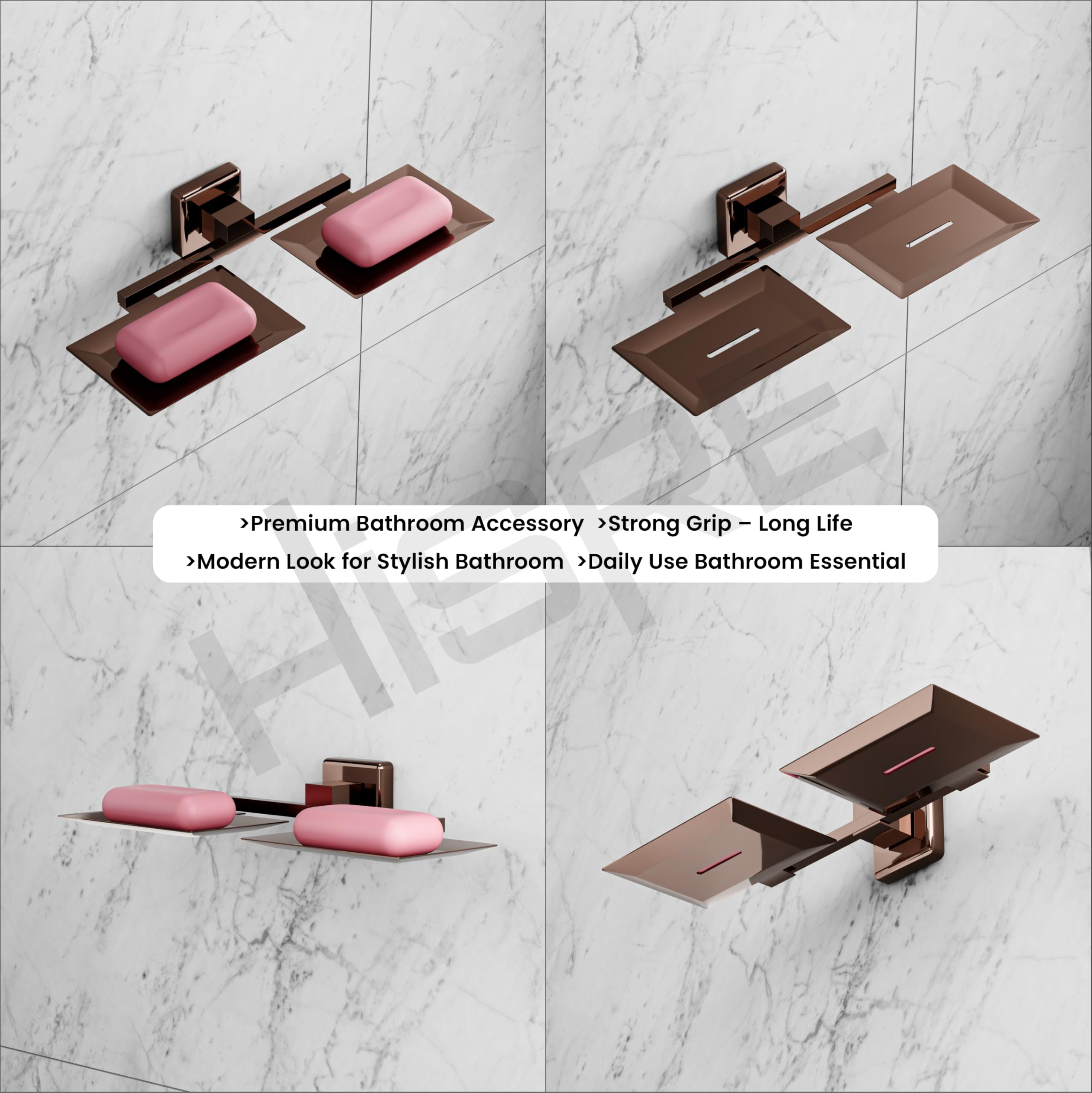 HISRE Double Soap Holder Wall Mounted | Rose Gold Square Design Dual Soap Dish, Modern Bathroom Soap Tray for Shower, Sink & Wash Basin, photo 5 of 5