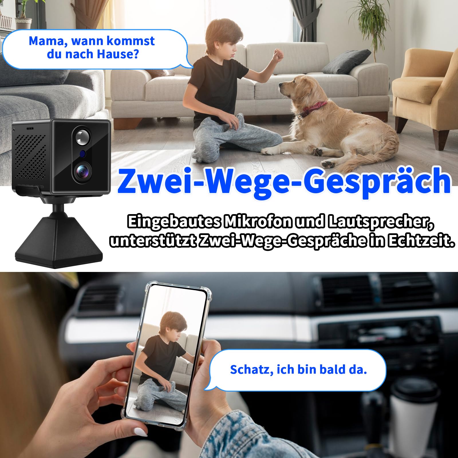 Mini Kamera 2K WLAN 140° Weitwinkel, Nachtsicht & PIR-Bewegungserkennung | 8h Akku, Zwei-Wege-Sprache, 2300mAh, WiFi- & DV-Modus, 20 Tage Standby