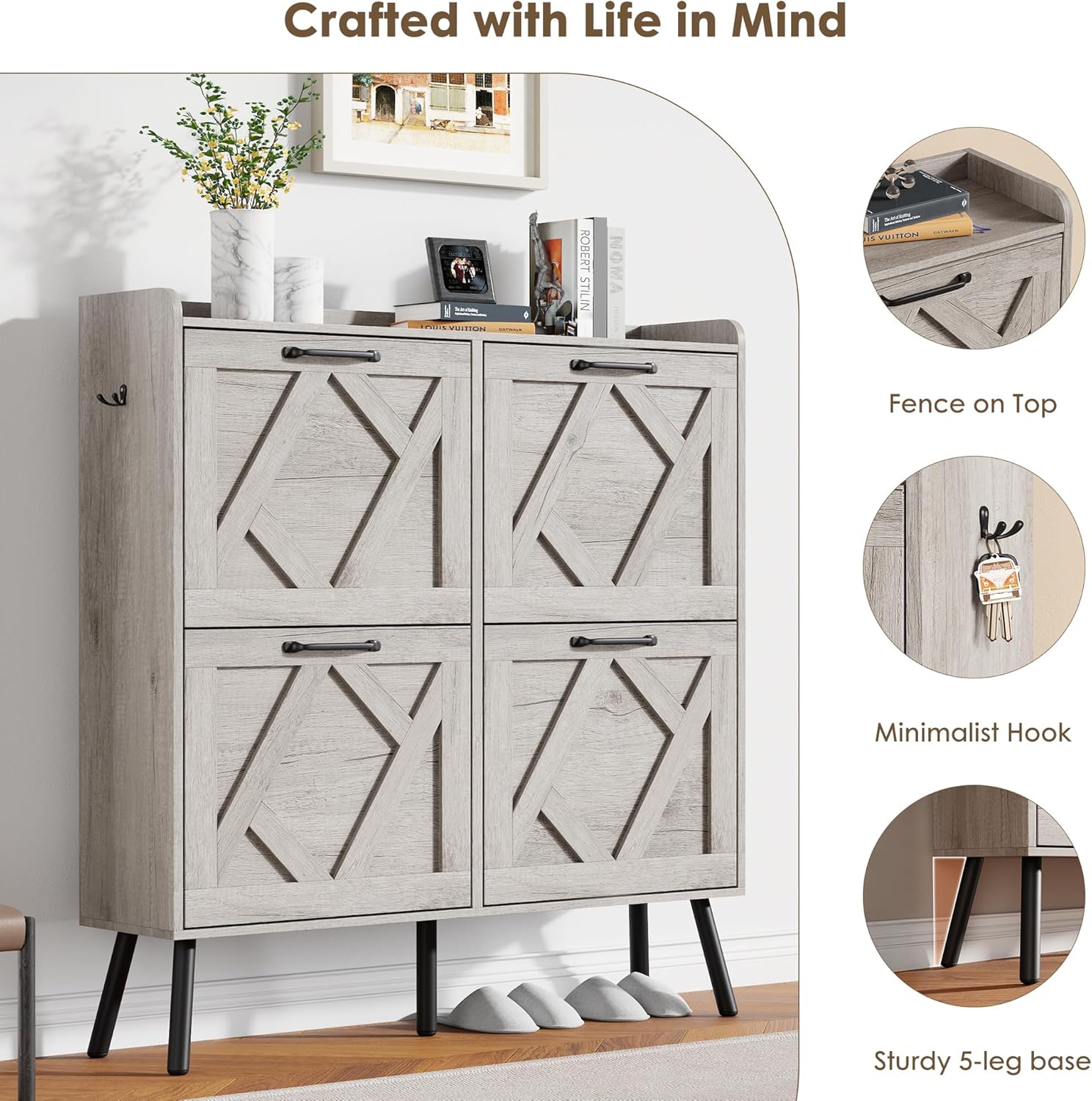 Nicetree Shoe Cabinet with 4 Flip Drawers, Freestanding Shoe Organizer Cabinet, Farmhouse Narrow Shoe Storage Cabinet for Entryway, Foyer, Hallway, Gray