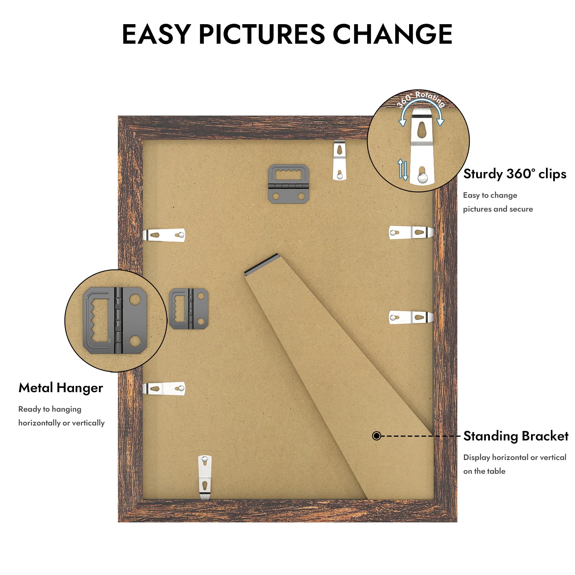 8x10 Picture Frame with Real Glass Wood Frame (Rustic Brown, 1 Pack) T52182