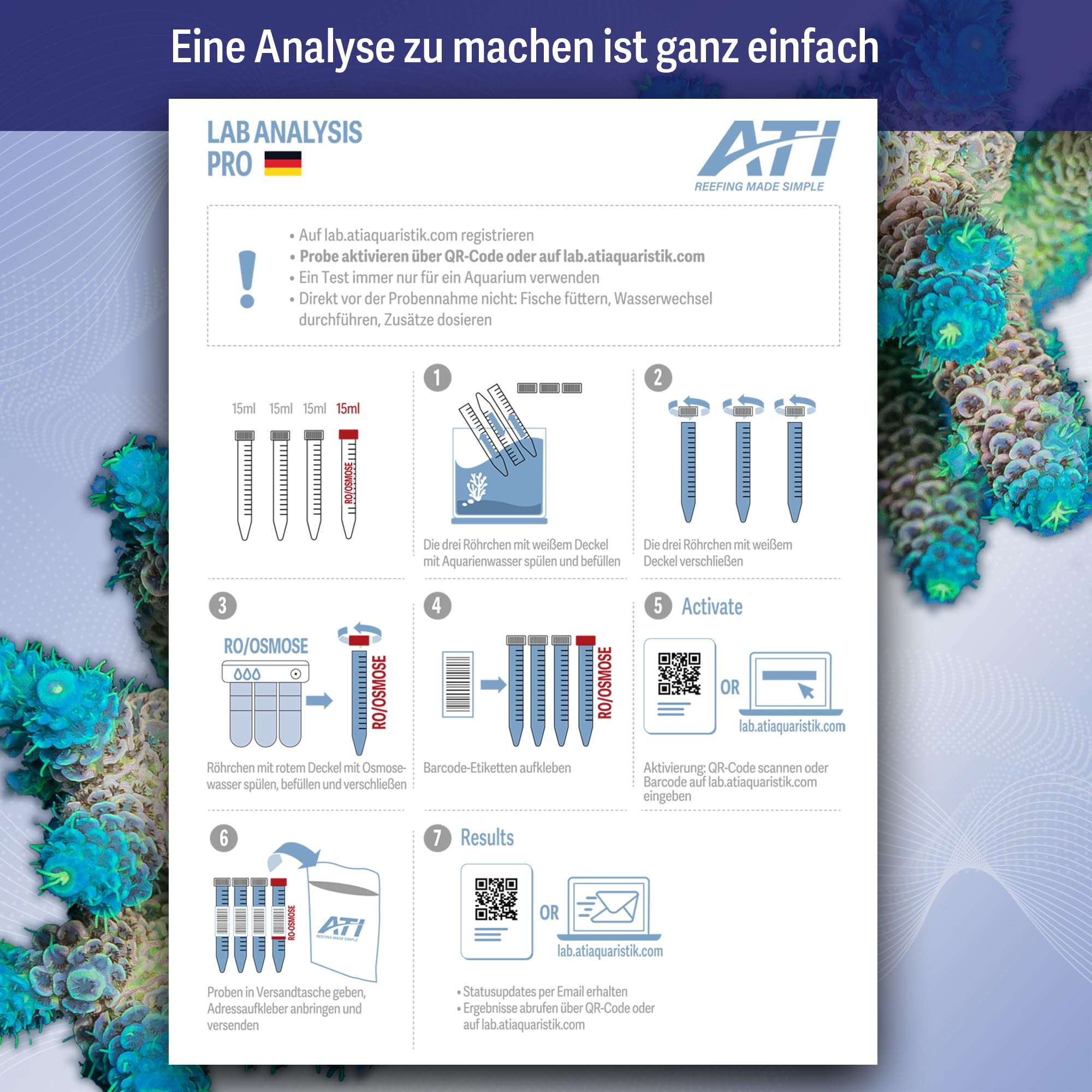 ATI ICP Test Meerwasser Pro Laboranalyse mit Osmosewasser Analyse für Meerwasser Aquarium 1er Set inkl. Rückversand DE