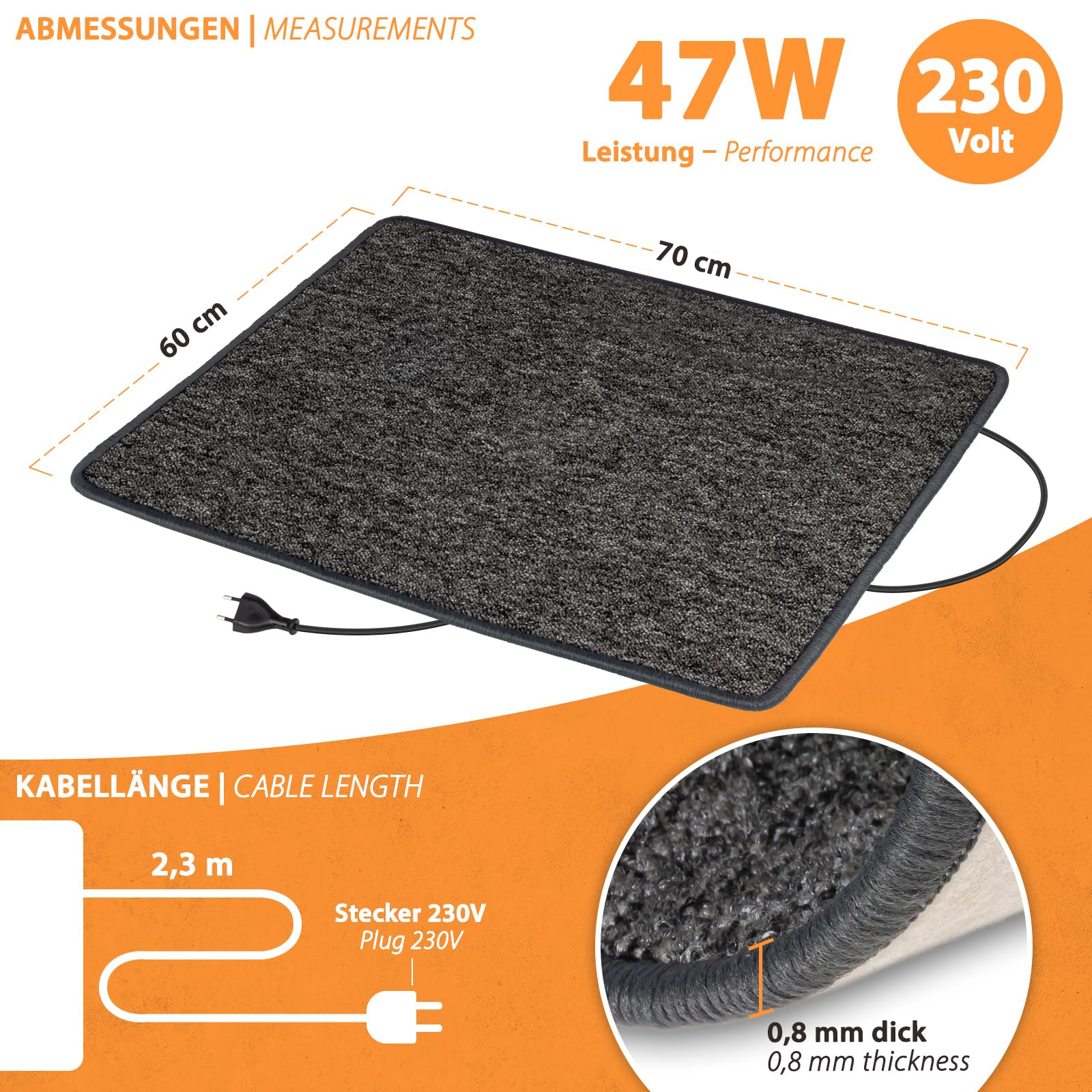 Esterilla calefactora por infrarrojos para pies, 60 x 70 cm, fabricada en Alemania, 47 W, 230 V, color antracita