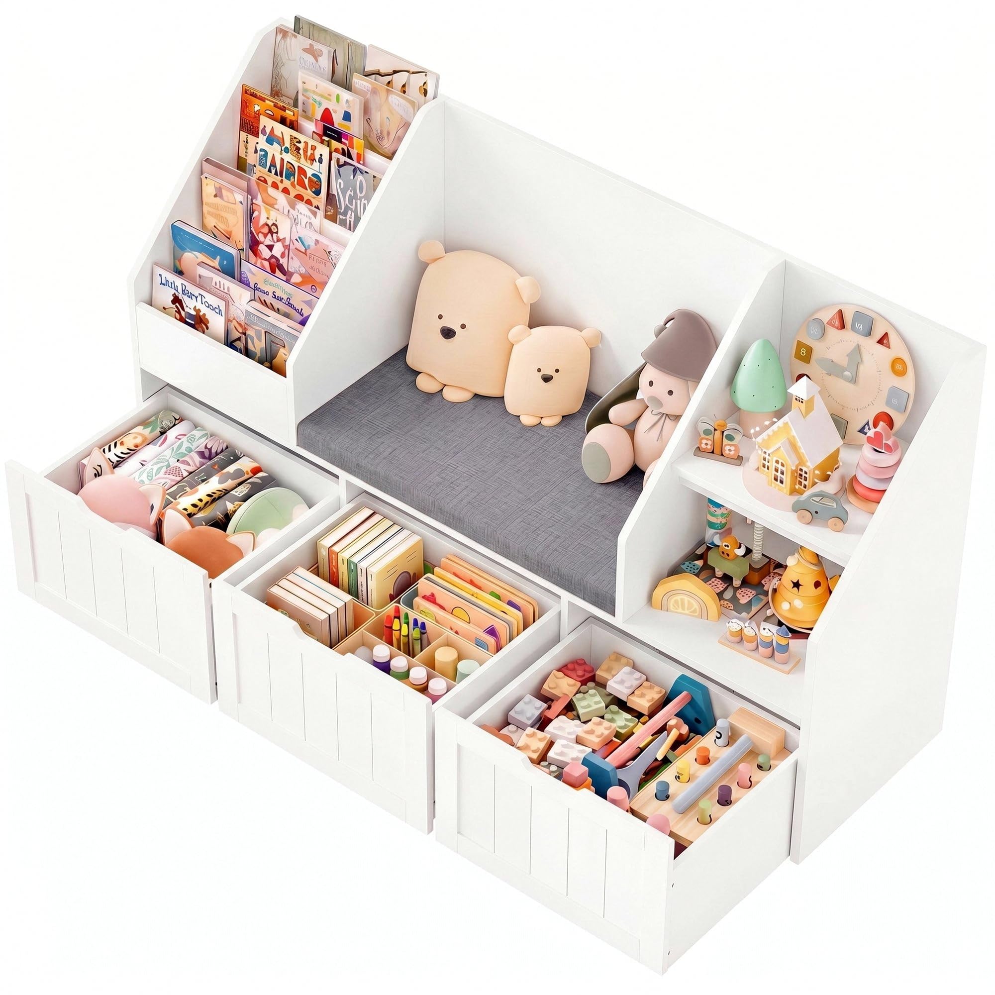 FOREHILL Kinderregal mit Sitzbank Kinderzimmer Möbel mit 3 Aufbewahrungsboxen für Spielzeug Bücherregal für Kinder mit 4 Ebenen, Regal für Kinderzimmer Leseecke 140x80x39,5 cm Weiß