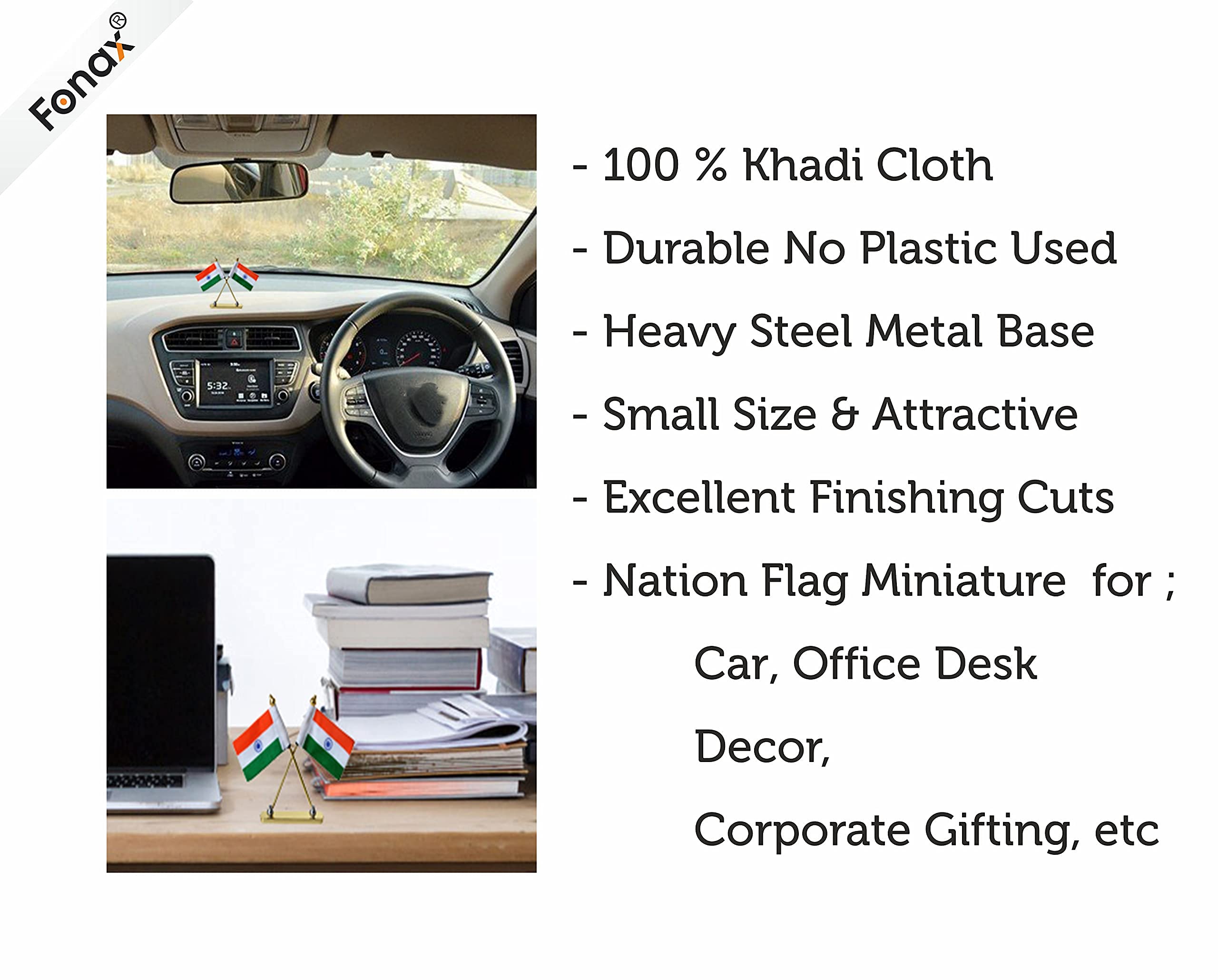 Fonax Khadi National Flag Of India For Car Dashboard Flag, Desk, Table And Gifting Purpose_Pure Khadi_No Plastic - Image 4 thumbnail