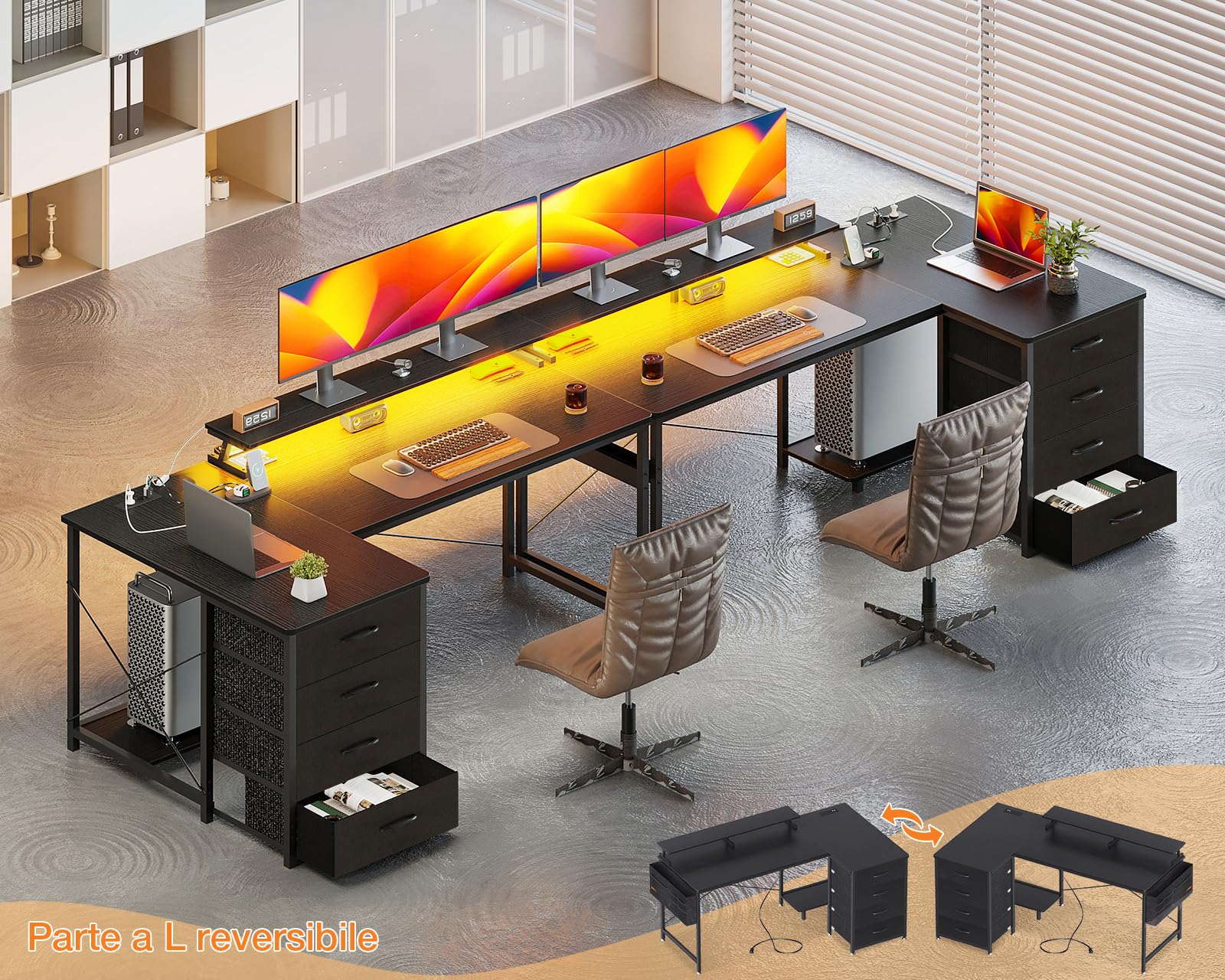 ODK Scrivania Gaming Angolare, Scrivania Angolare Reversibile con 4 Cassetti, Tavolo a Forma di L con LED e 2 Porte di Ricarica USB e 2 Prese di Corrente per Casa Ufficio (Nero, 140x80x84.7cm)