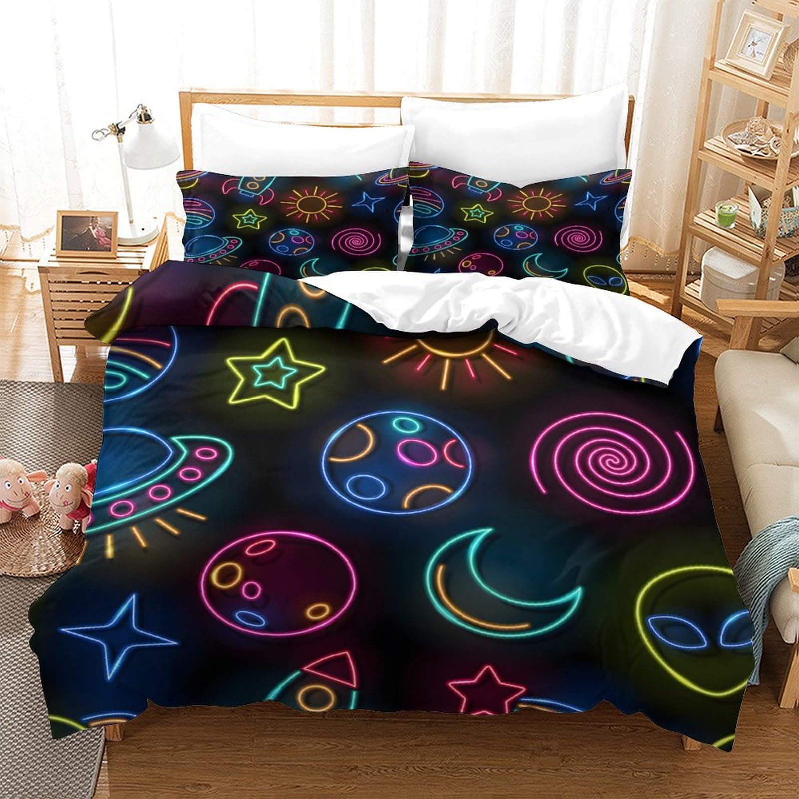 GDEKCIEAS Space Neon Sun,Moon Bedding Set for Kids,3Pcs Duvet Cover with Zipper Closure,Ultra Soft & Breathable,Perfect for Boys And Girls Single（140x200cm）