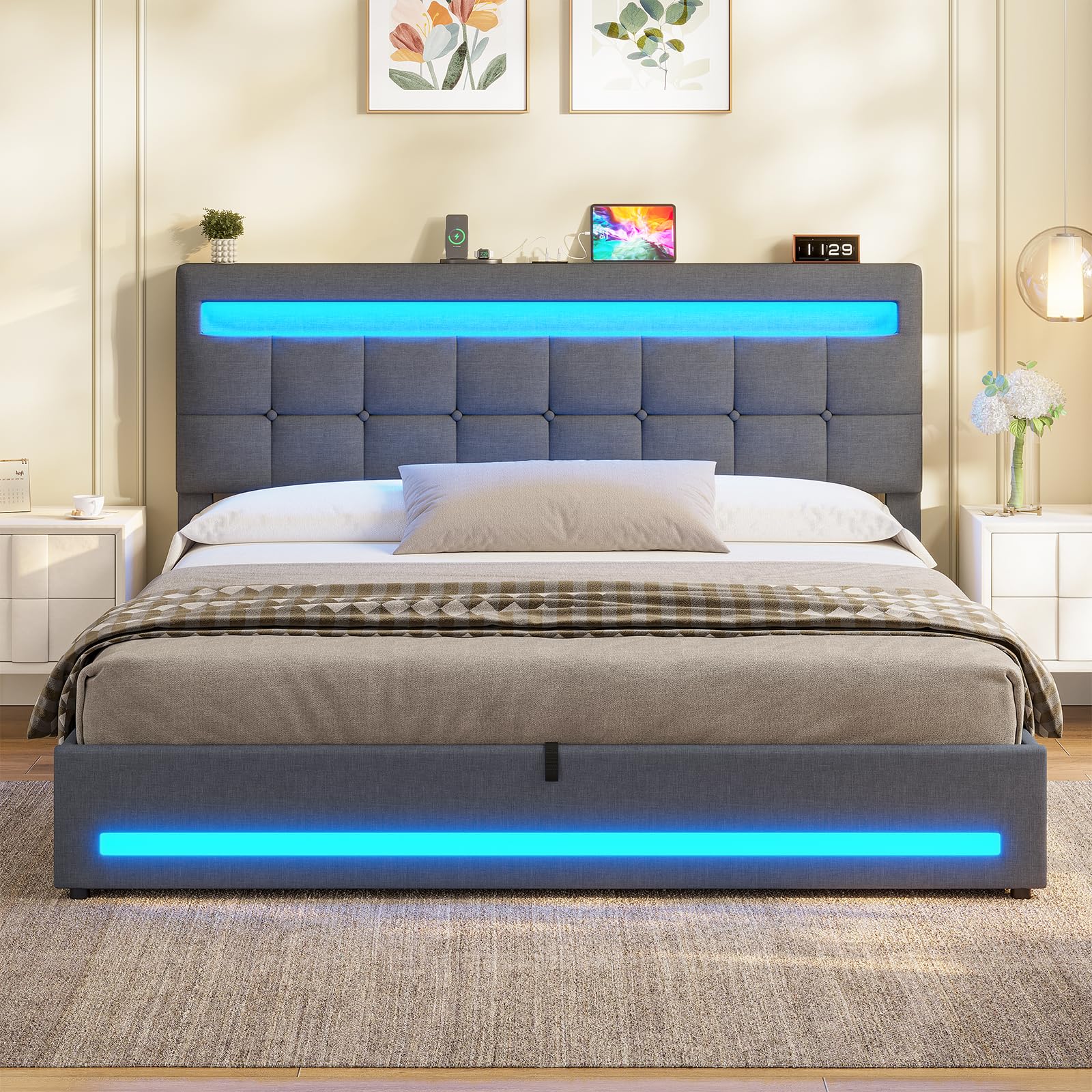 AOGLLATI Polsterbett 160x200 CM mit Ladestation & LED-Beleuchtung,Doppelbettgestell mit Stauraum Kopfteil & Lattenrost, Schwebender visueller Effekt,Modern Bettgestell Leinen, Ohne Matratze,Dunkelgrau