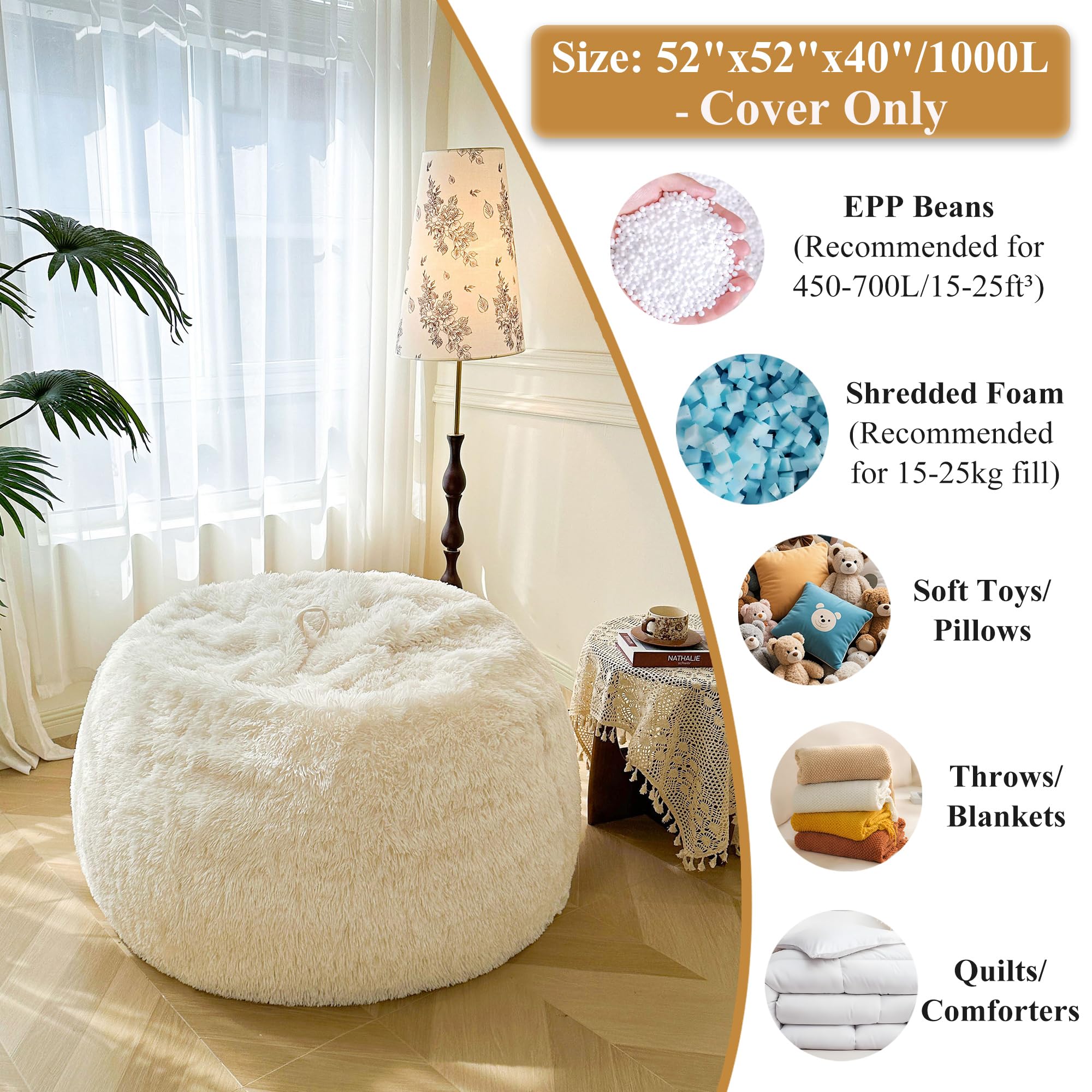 XeGe Housse de pouf géant et moelleux de 1,5 m (sans remplissage), en fausse fourrure ultra douce en fausse fourrure pour animaux en peluche, taille XL, pour salon, chambre à coucher, décoration