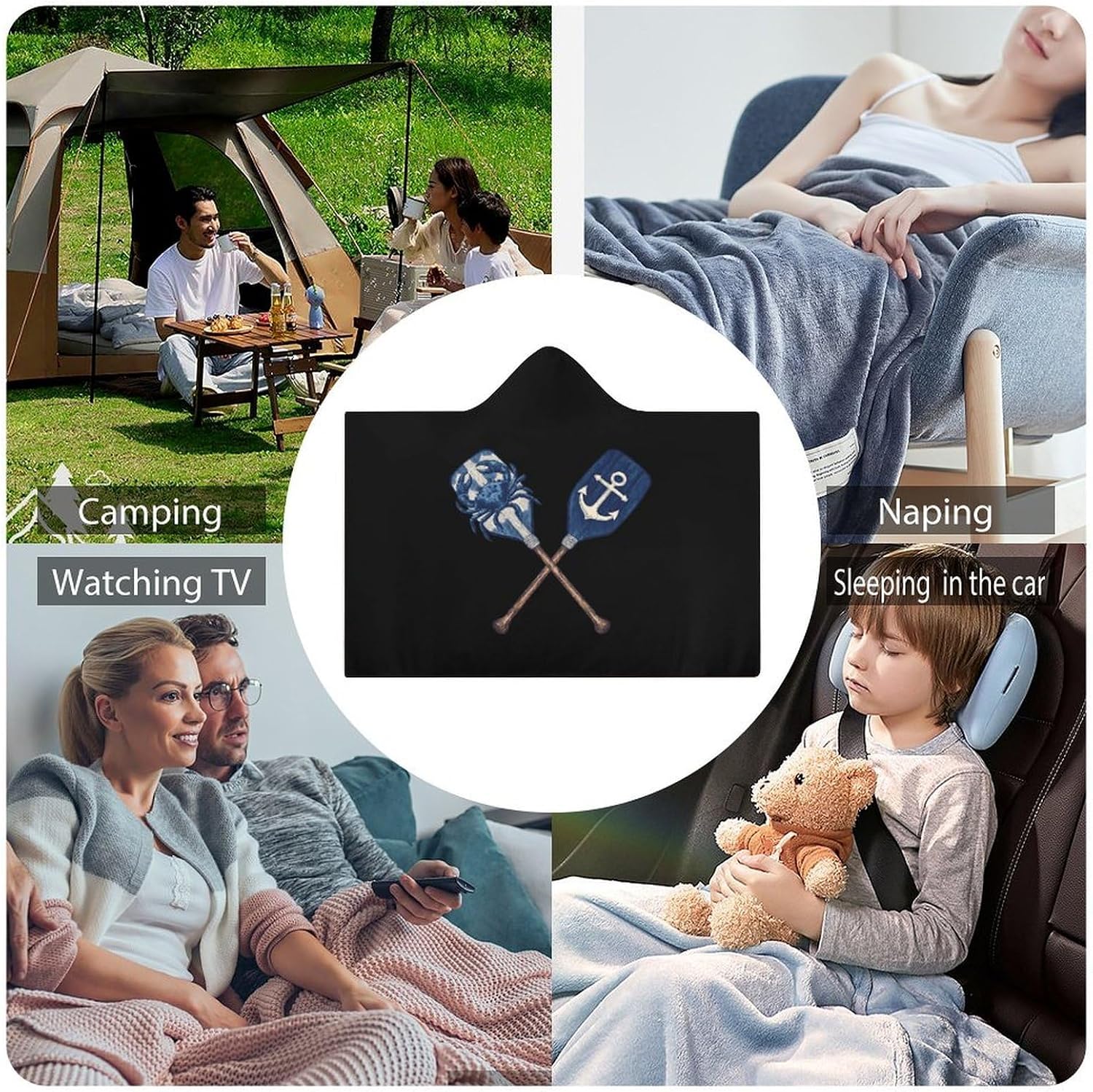 Navy Blue And White Oar Wearable Blanket Oversized Throw Cape | Cozy Hooded Blanket Gifts for Women Men