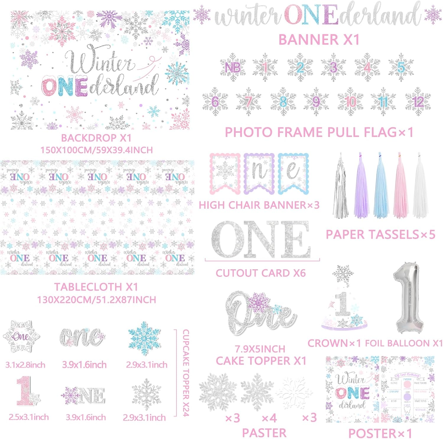 Winter Onederland 1st Birthday for Girl,Snowflake Party Decoration Include Plate,Napkin,Tablecloth,Banner,Balloon Arch First Birthday Decorations for Winter Onederland Snowflake Baby Girl（Purple）