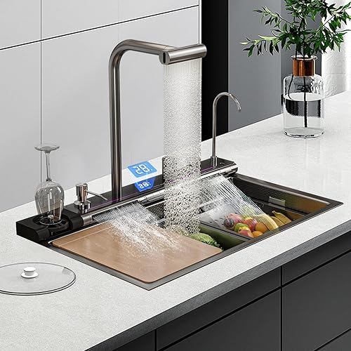 Dual Waterfall Kitchen Sink,Modern Kitchen Sink with Soap Dispenser,Stainless Steel Digital Smart Kitchen Sink with Pull-Out Faucet Single Bowl Workstation Sinks with Honeycomb (31.5 x 18.1 in)