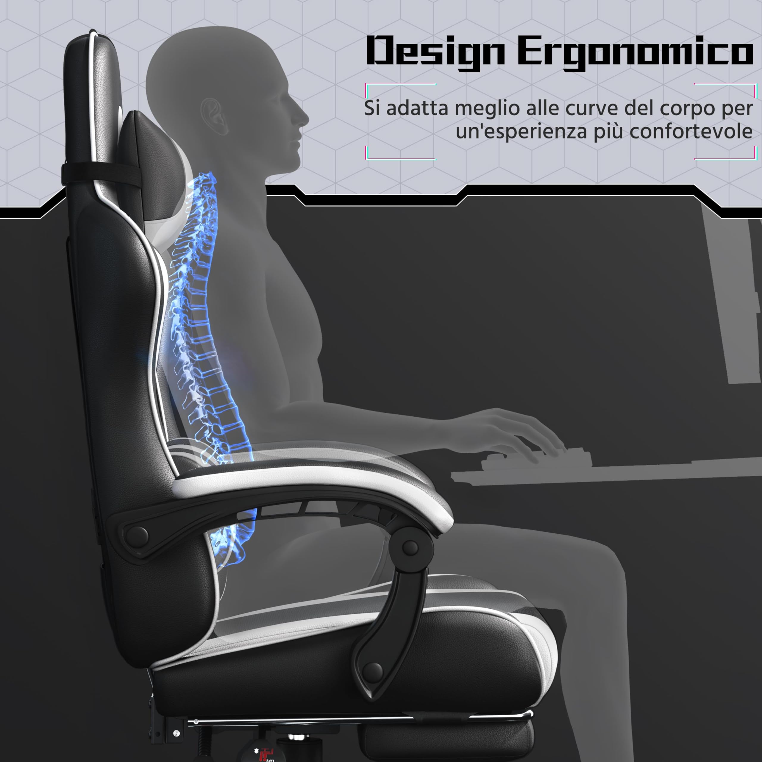 Sedia Gaming Ergonomica Massaggiante Reclinabile 90-135° con Poggiapiedi Poggiatesta e Supporto Lombare Braccioli Imbottiti in Finta Pelle, Poltrona Gamer con Ruote Portata 150 kg Bianco