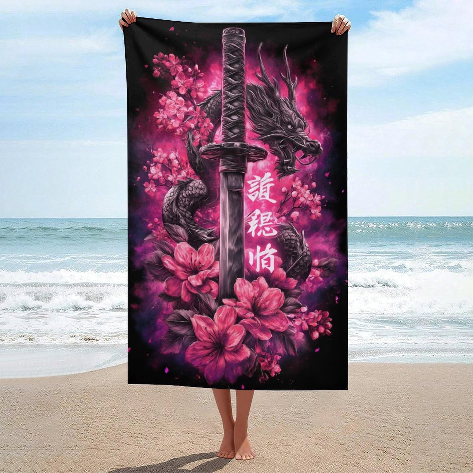 Serviette de plage dragon et cerisier 130x80 cm en microfibre