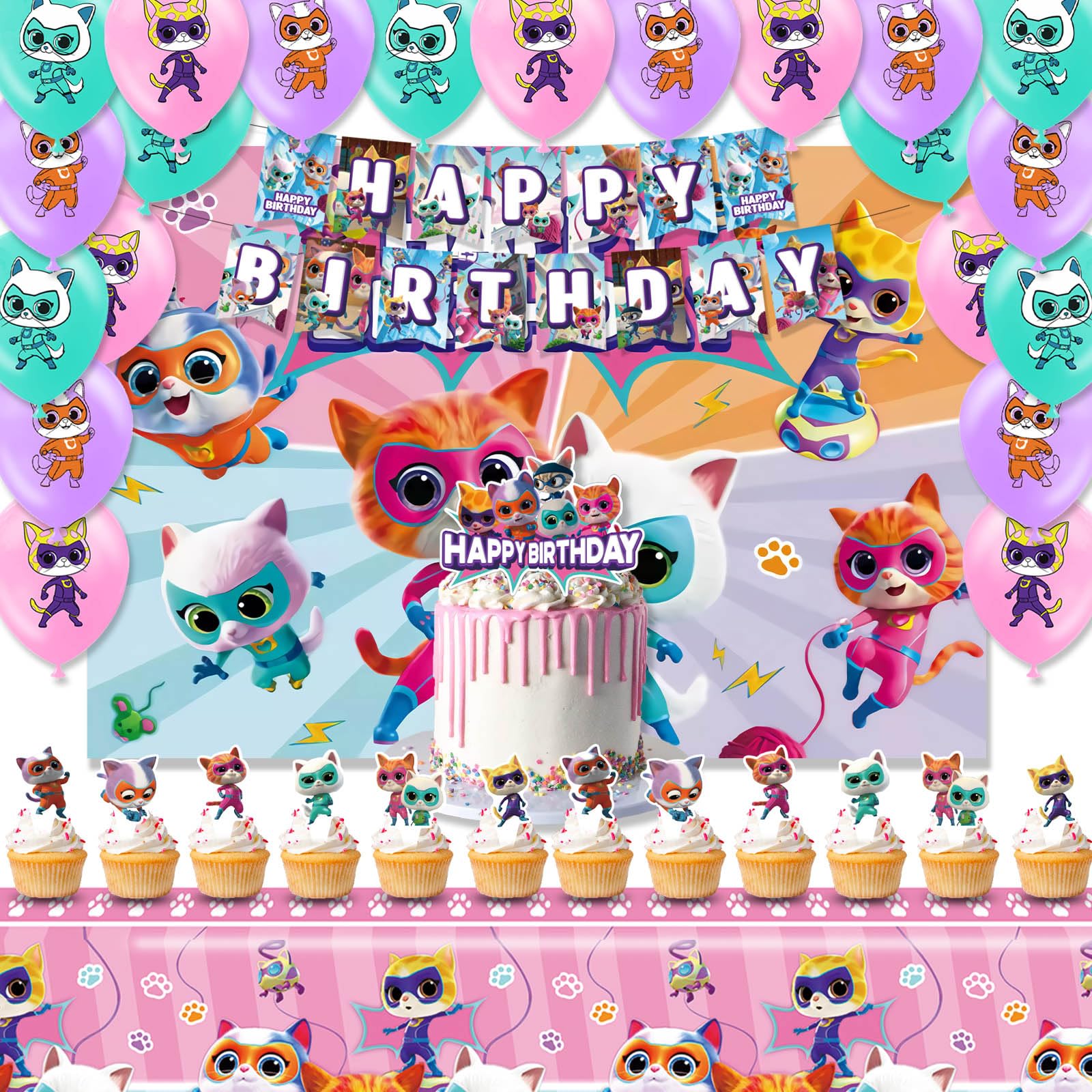 Super Cat Birthday Party Supplies - Super Cartoon Kitty Birthday Decorations with 18X Balloons, Birthday Banner, Tablecloth, Cake Topper, 12X Cupcake Toppers, 10X Plates, Backdrop for Fans Kids