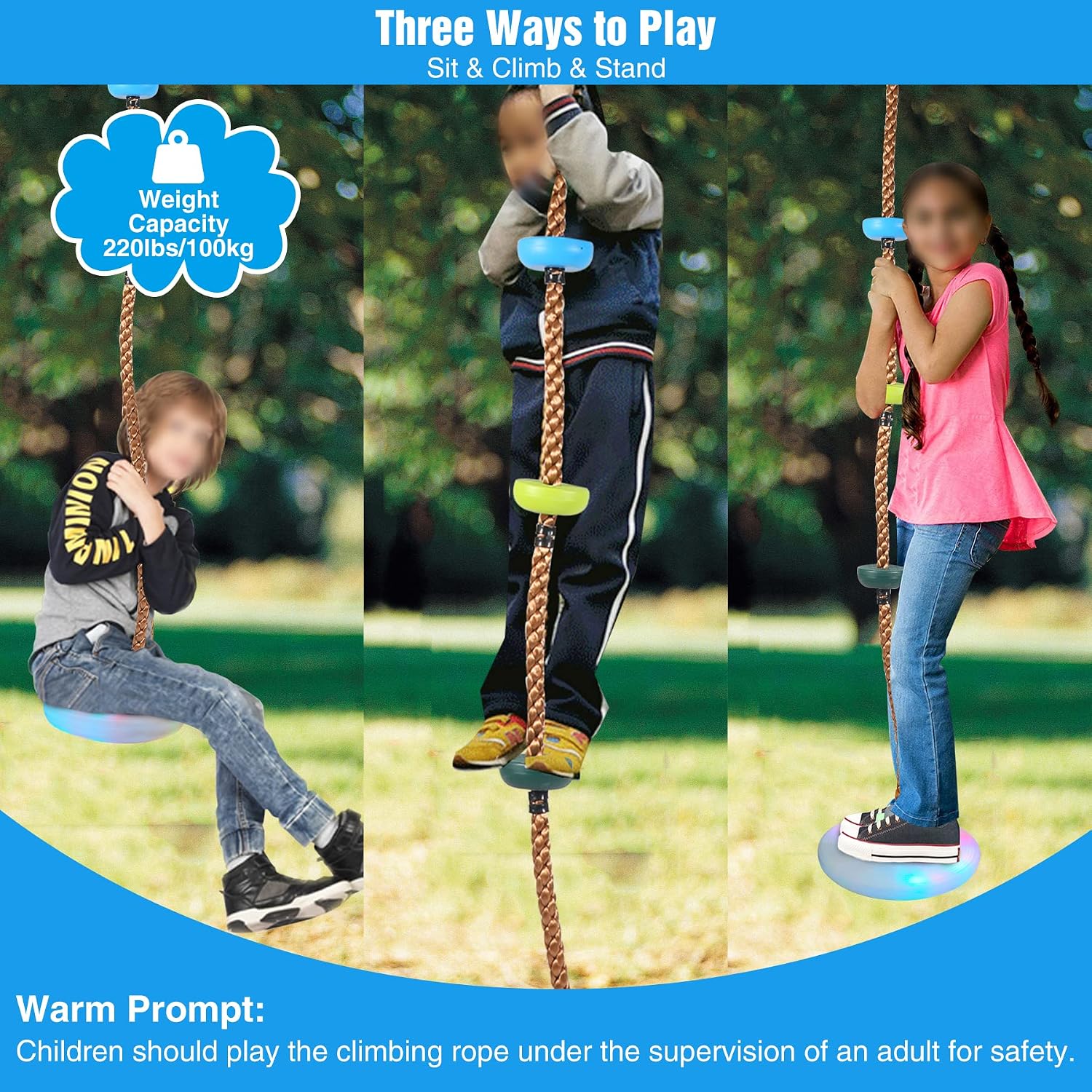 RedSwing LED Disc Swing Seat, Climbing Rope Swing with Platform for Trees with Hanging Strap and Snap Hook, Multicolor