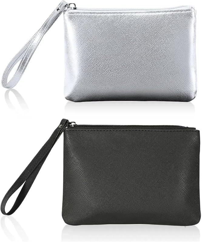 Necessaire compacta com zíper SeBUCUOO para maquiagem e pequenos objetos, preta e prata, Pacote com 2