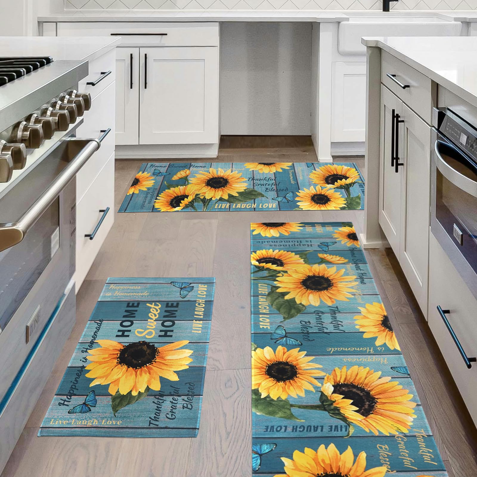 Farmhouse Kitchen Mats for Floor Set of 3 Piece with Runner, Rustic Teal Turquoise Kitchen Floor Mat Rug Carpet Yellow Sunflower Kitchen Decor and