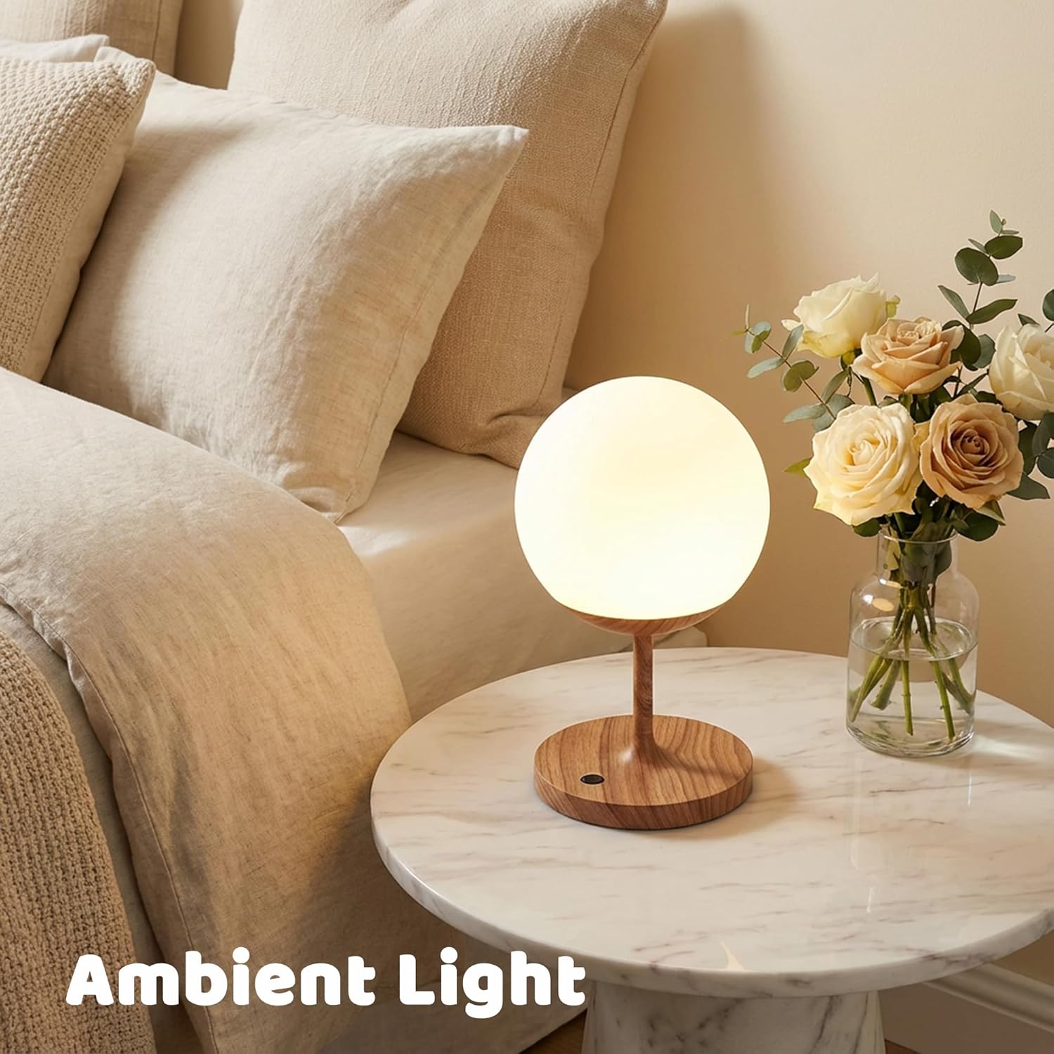 WEILAILUX Cordless Table Lamp with Globe Shade, Rechargeable Dimmable Bedside Light, Shower Lamp Waterproof, Touch Control, 8-72 Hours Runtime, 2700K Warm White for Indoor Outdoor (Khaki, Short)