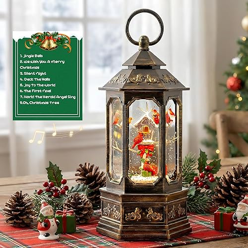 Miniatura 3 de Linterna de globo de nieve de Navidad con brillo de agua de 11.6 pulgadas, cardenal y casa de pájaros con música y temporizador, linterna iluminada
