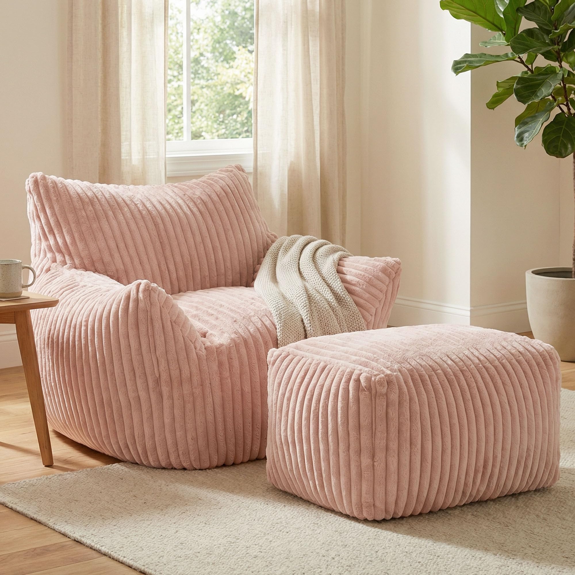 GRAVFORCE Schlafsofa mit Rückenlehne und Fußstütze, XXL Sitzsack Sessel mit Hocker für Erwachsene, Relaxsessel Lazy Sofa, Indoor-Sitzkissen für Schlafzimmer Wohnzimmer, Wintergarten (Rosa)