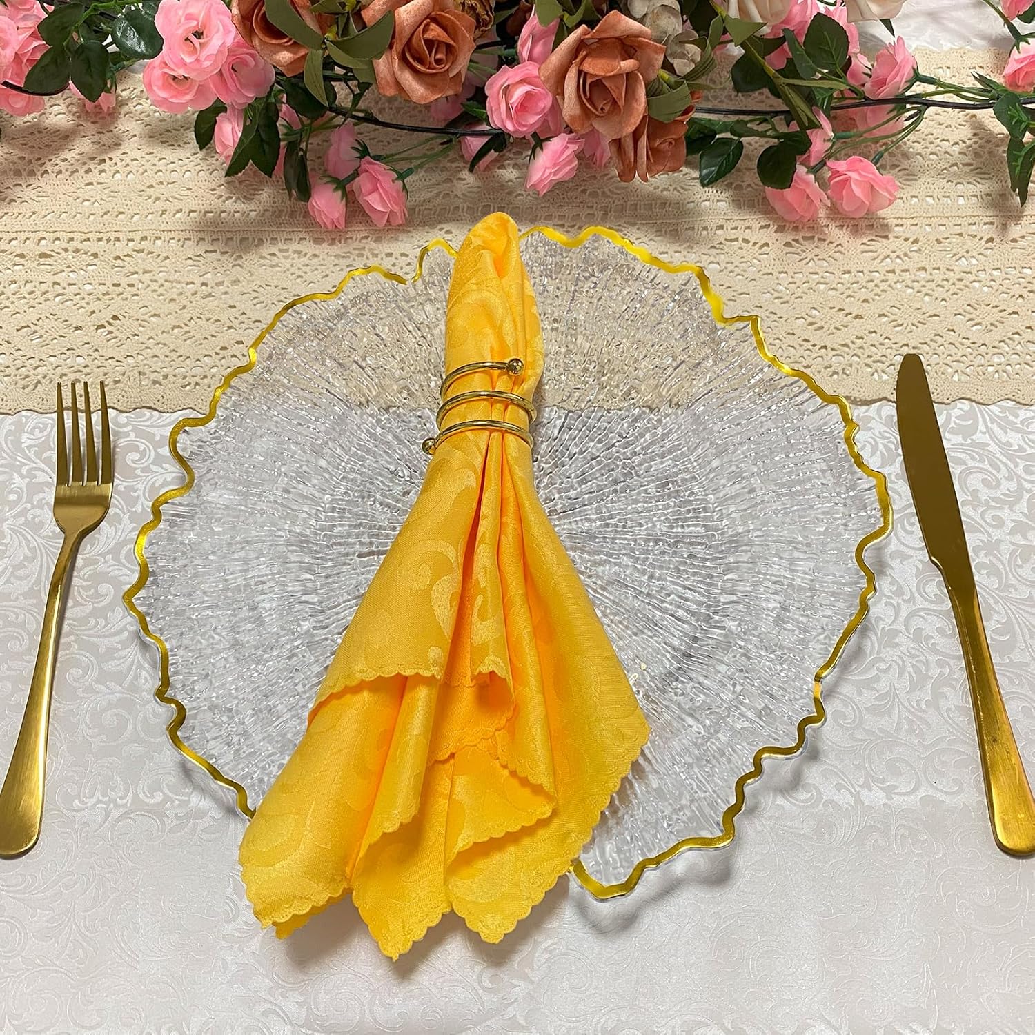 CN JIAHE 13inch Clear Acrylic Reef Gold Rim Charger Plates Set of 8 , for Dinner , Wedding , Party , Event Decoration.