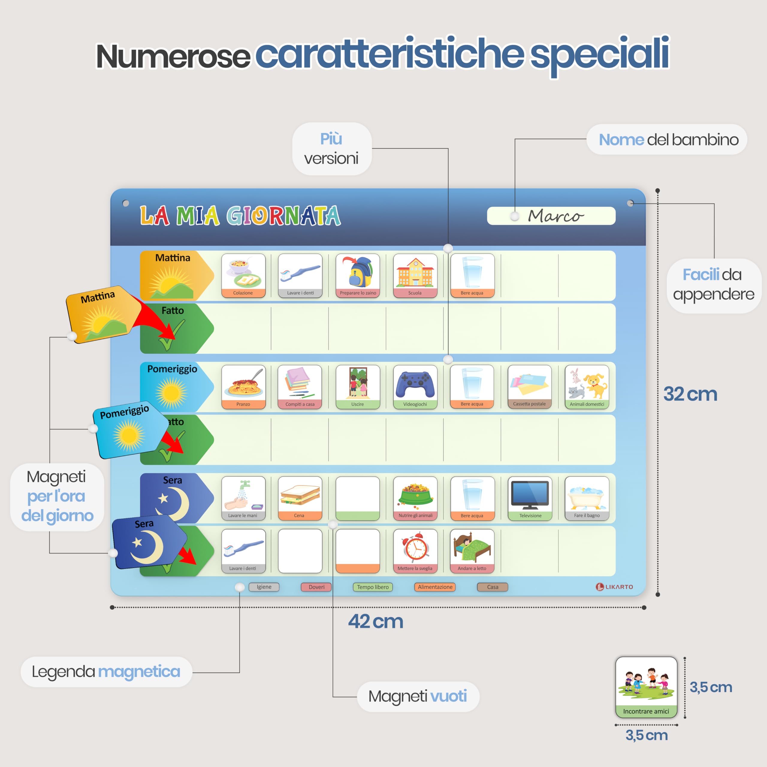 LIKARTO Calendario giornaliero per bambini - Lavagna magnetica da parete Montessori con 152 magneti e cordoncino - completamente scrivibile e cancellabile - Apprendere la routine giornaliera