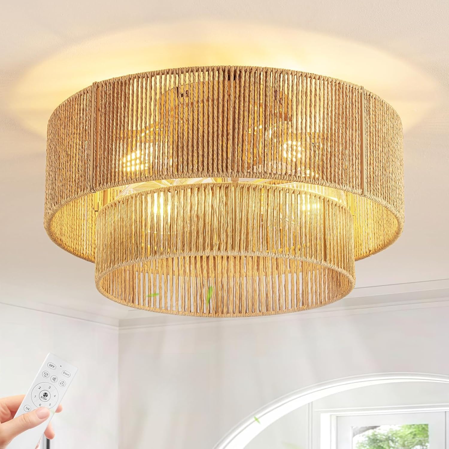 Boho Caged Ceiling Fan with Light Flush Mount, Handwoven Layered Rattan Fandelier with Remote Control & 6-Speed Reversible, Gold Low Profile Chandelier for Bedroom, Living Room, Girls Room, Nursery