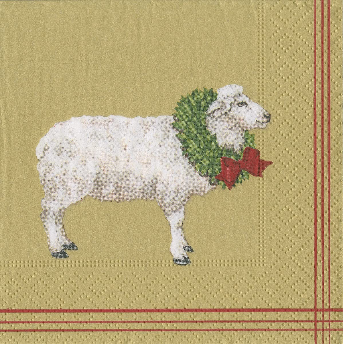 Sheep with Wreath by Katharine Barnwell Gold Christmas Caspari Cocktail or Tea Napkins Paper 25 cm Square 20 in Pack