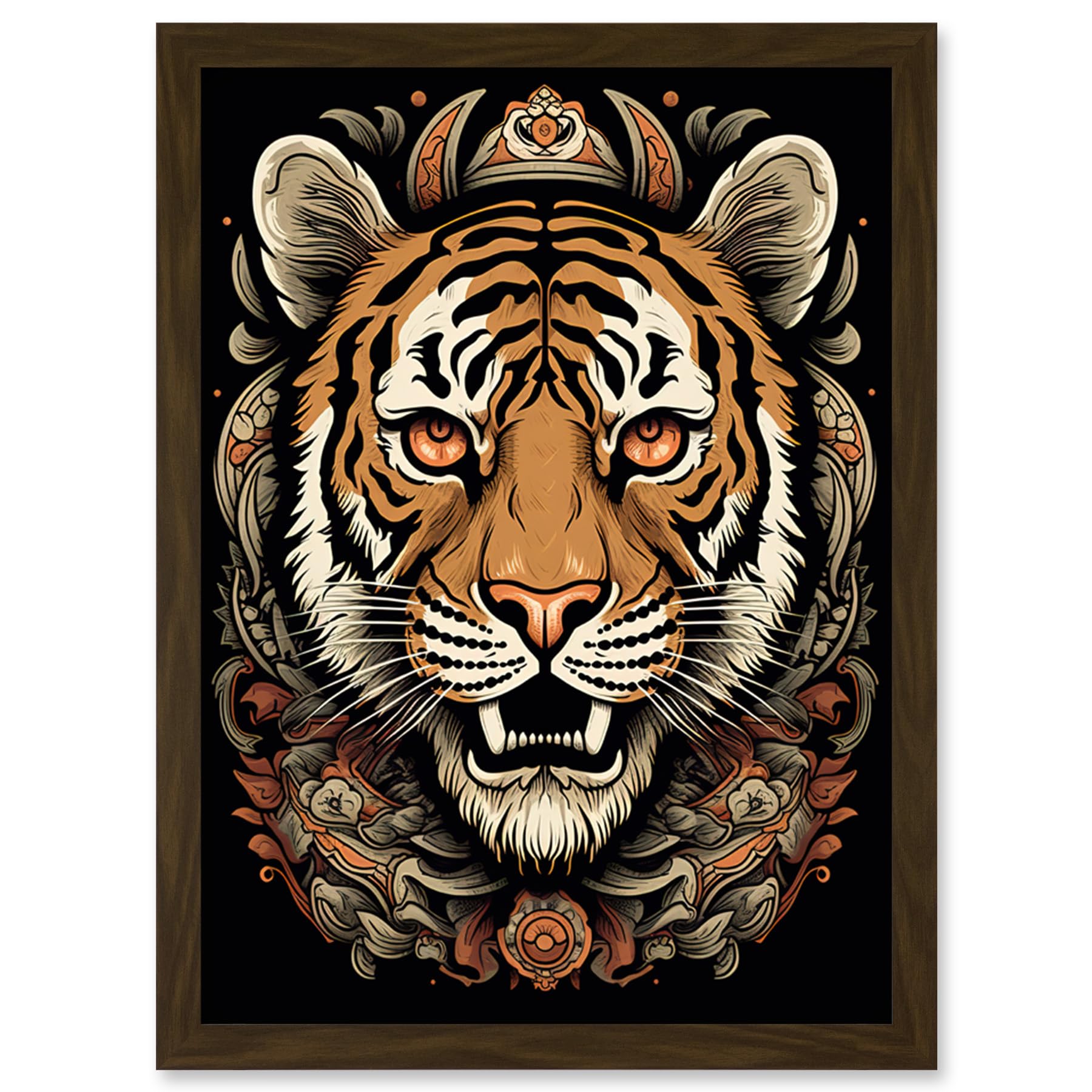 Artery8 Regal Tiger Piercing Eyes Tattoo Ink Body Art Rockabilly Americana 50s Artwork Framed Wall Art Print A4