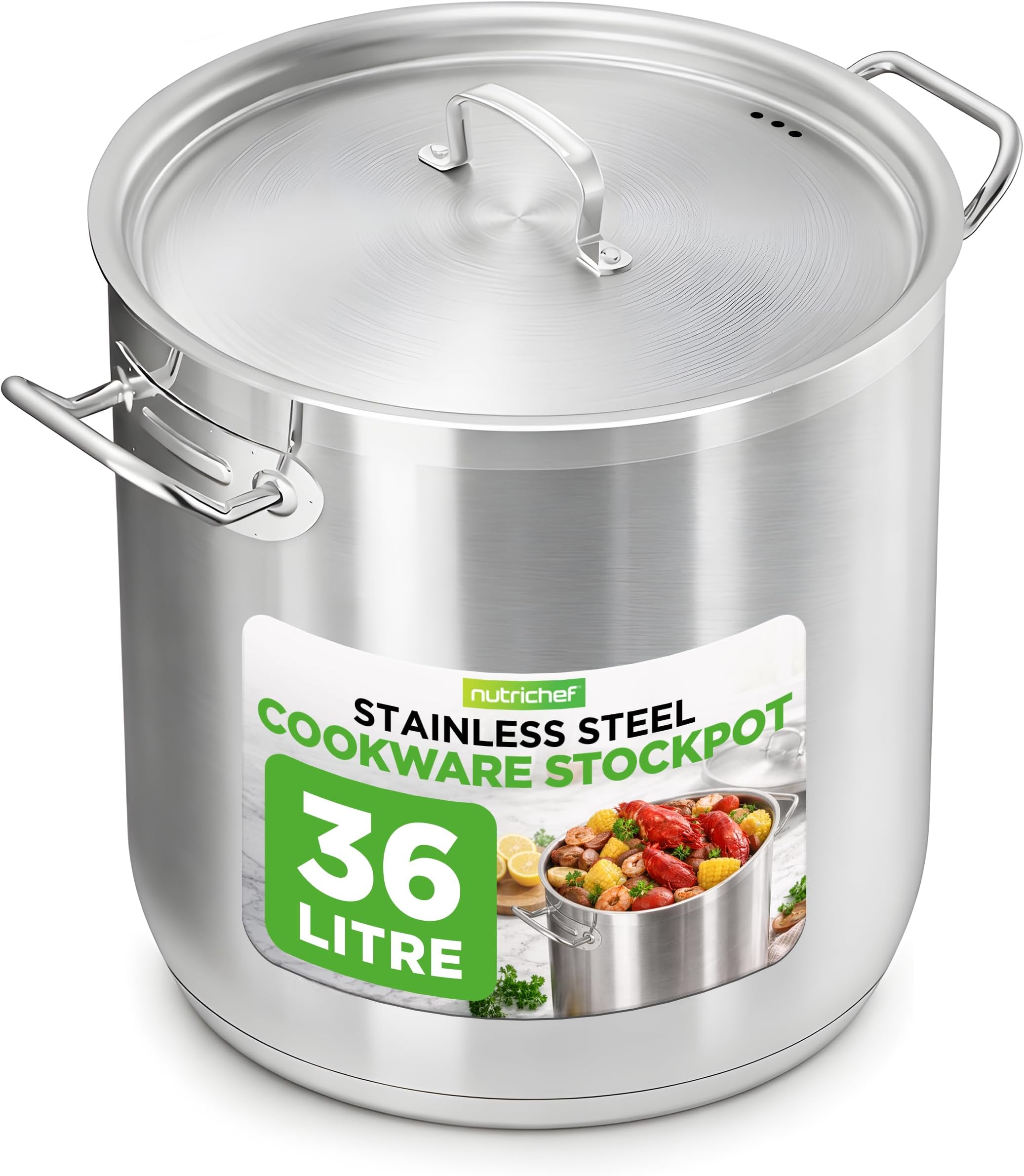NutriChef Stainless Steel Cookware Stockpot, 36 Litres Heavy Duty Induction Soup Pot with Stainless Steel Lid and Strong Riveted Handles, Even Heat Distribution, Compatible with Most Cooktops