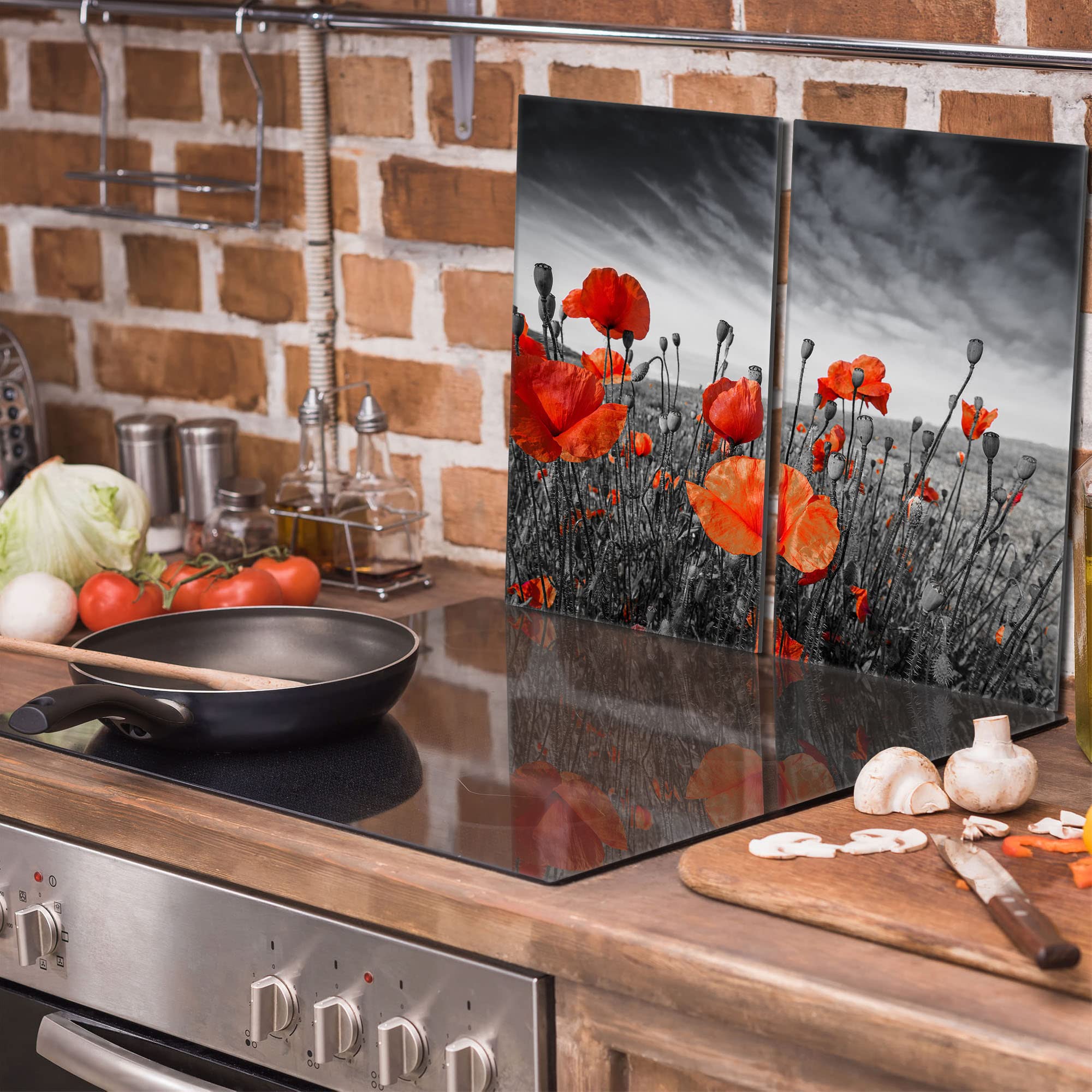 Tabla de cortar decorativa de cristal templado y cubre vitro, Placa protectora de vitrocerámica 30 x 52 cm 2 piezas, para inducción, protección contra salpicaduras, decoración, AMAPOLAS