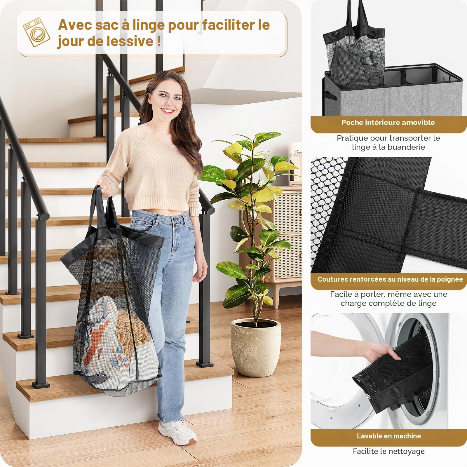 SOLEDI Panier a Linge avec Couvercle, Panier à Linge 3 Compartiment, 160L Corbeille a Linge, Paniere a Linge Sale pour Récupérer le Linge et Faire le Tri, Bac a Linge pour Buanderie, Gris