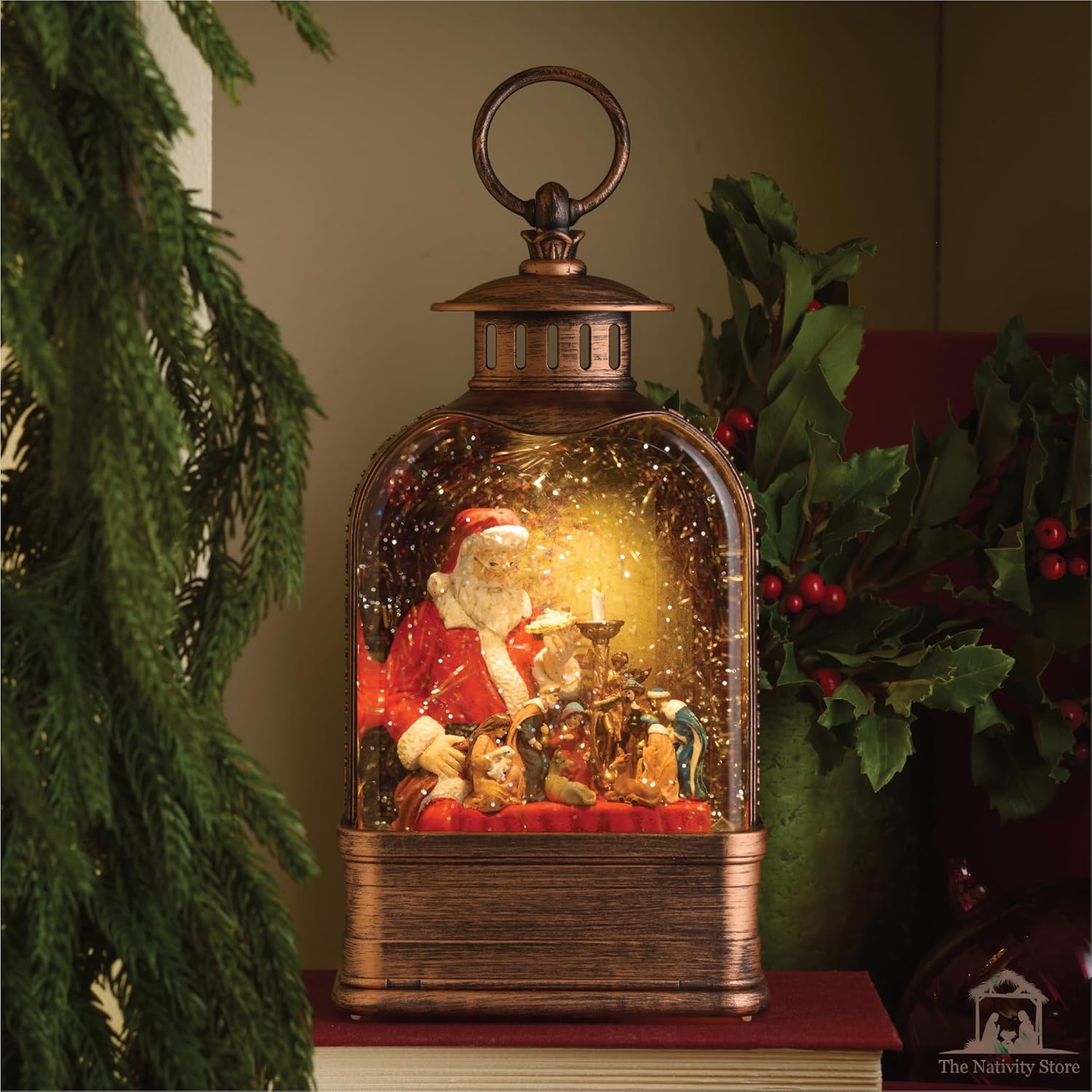 “The Spirit of Christmas” by Greg Olsen – 10" Light-Up Nativity Lantern Featuring Santa & Nativity Scene – Swirling Glitter, LED Lights, and Music – Holiday Decoration or Gift