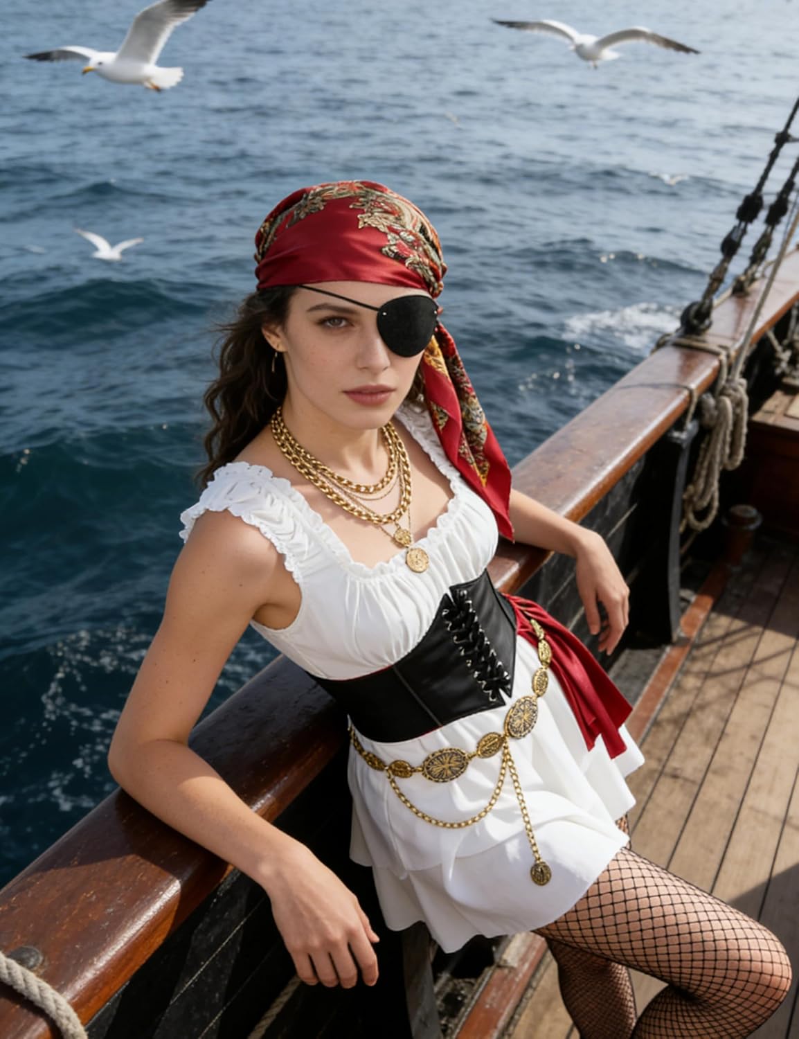 Angelaicos Adult Women's Pirate Costume with Sleeveless Dress Corset Accessories for Halloween Role Play Outfit Set - Image 5