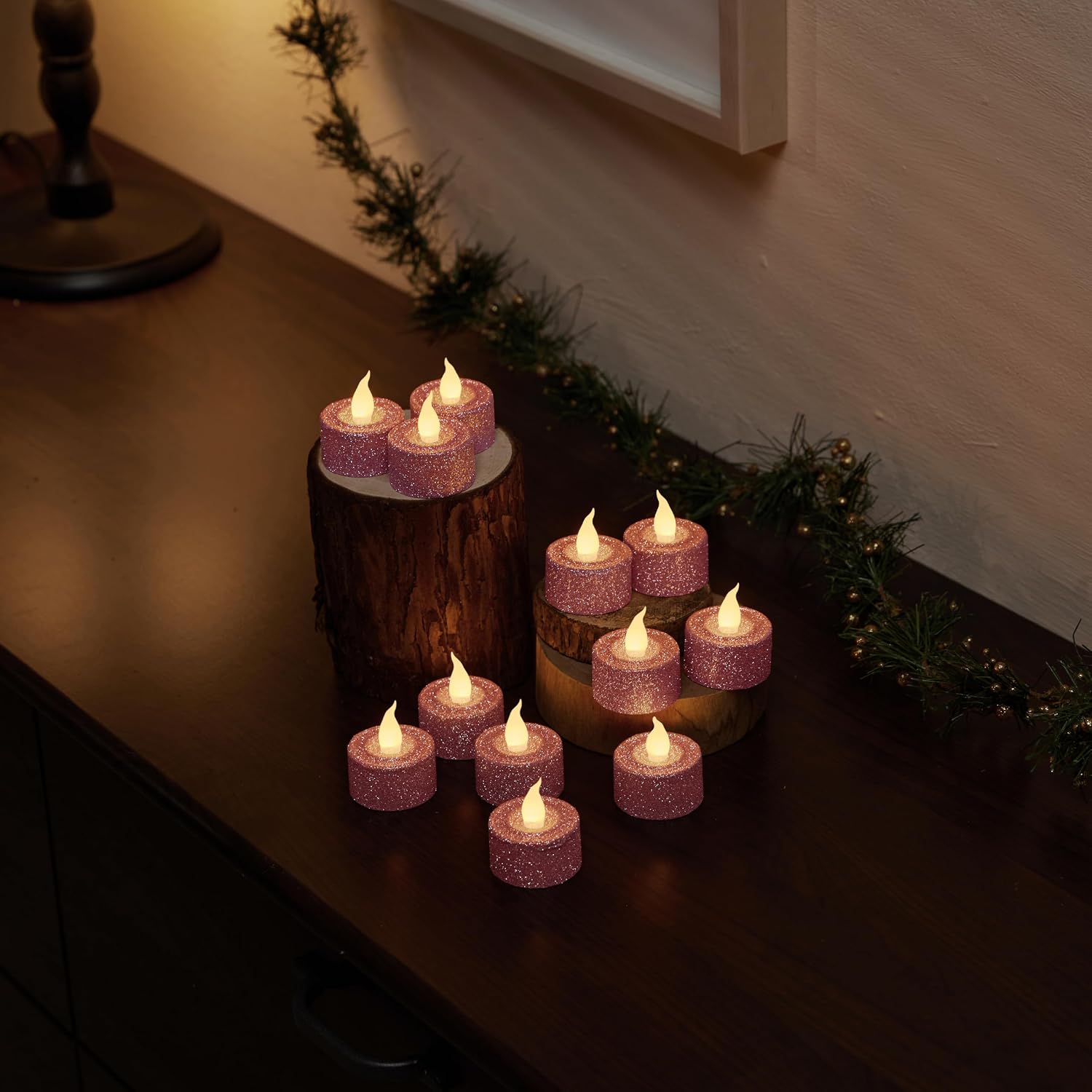 FURORA LIGHTING Pink Glitter 1.45"x1.57" LED Tealights, 12-Pack image 3